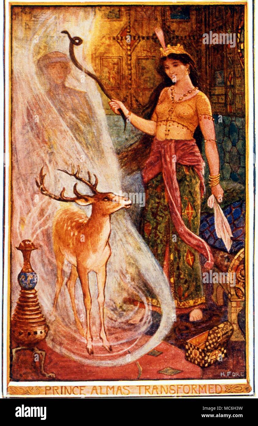 Magier - Die Dame Latifa verwandelt Prinz Almas in Form eines Hirsches. Nach einer Illustration von H J Ford zu "Was die Rose hat zu den Cypress' Stockfoto