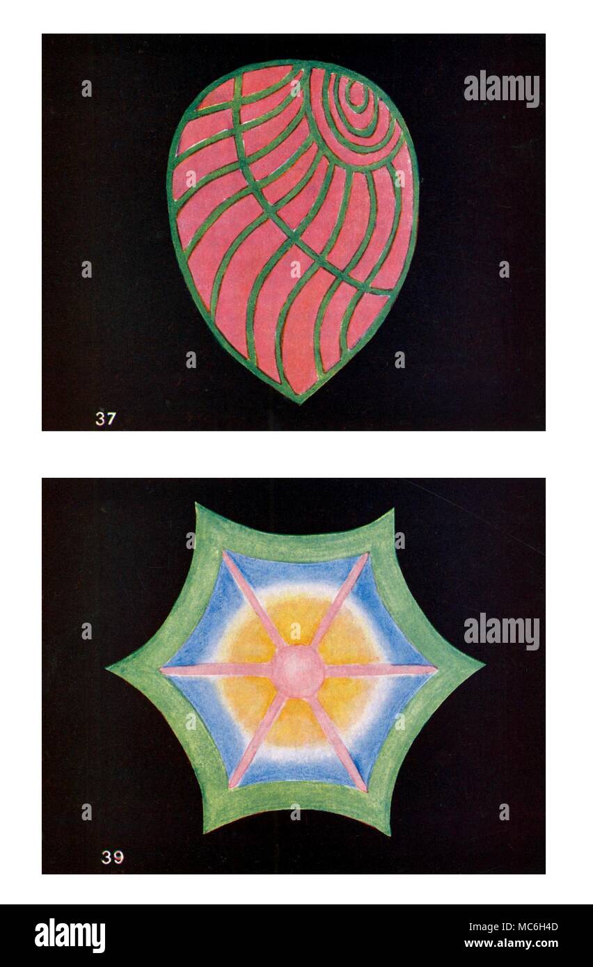 Die THEOSOPHIE - gedacht - Formulare - ASTRALEBENE Gedankenformen, gesehen durch geschulte Hellseher, auf der Astralebene: Diese beiden Formen sind selten, denn sie sind eine Folge der Meditation ausgebildet. Die Roseate Glühen der oberen Form zeigt eine entwickelt und bewusste Liebe gegenüber allen Menschen, die durch die grüne Leuchtkraft der Sympathie abgegrenzt. Die untere Form, die hat das Aussehen eines sechs Geröntgt Stern, in einem grünen Mantel, markiert eine bewusste Meditation, Liebe, Zuneigung und Sympathie in alle Richtungen zu erweitern. In dieser Form, die sechs Richtungen ausgestellt durch die gedankenform, war ein Stockfoto