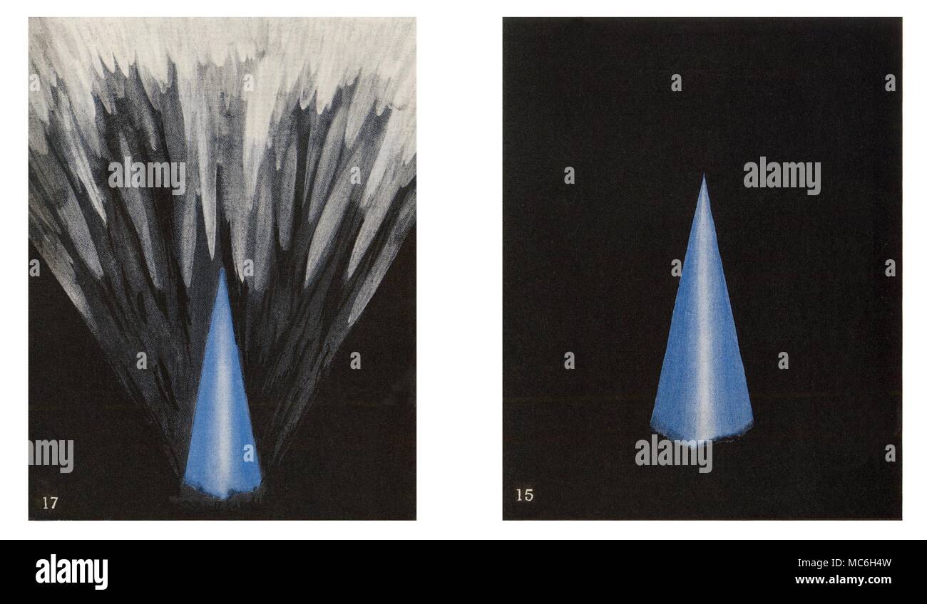 Die THEOSOPHIE - gedacht - Formulare - astrale Ebene [Rechts] okkulten Vision von dem, was eine Ehrfurcht sieht aus wie auf der Astralebene: solche Formen sind häufig gesehen Floating zum Altar, während einem Gottesdienst. [Links] okkulten Vision für die Reaktion des Logos zu Hingabe - in dieser, der Gedanke - Form in einem visionären Gnade gewaschen wird. Gemälde von Gedankenformen wurden von einer Gruppe von Theosophen entstand gegen Ende des neunzehnten Jahrhunderts. Die Bilder wurden gemacht, nach der okkulten Beobachtungen solcher 'Gedanken' oder 'Visionen' auf der Astralebene von Charles Leadbeater (Besant eine solche astr behauptete Stockfoto