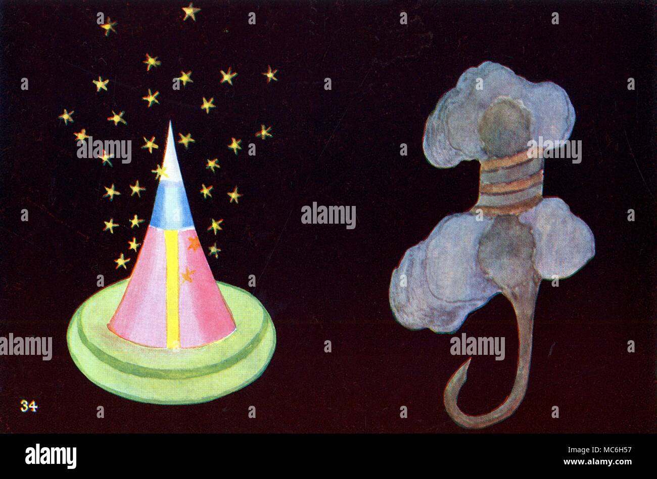 Die THEOSOPHIE - gedacht - Formulare - ASTRALEBENE Gedankenformen, gesehen durch geschulte Hellseher, auf der Astralebene, auf einer Beerdigung. Das Formular rechts ist Repräsentant von selbstsüchtigen Elend und Verzweiflung - der nach unten Schub von astralen Haken sucht, wie es war, in den Boden zu erreichen, und der Tote wieder auf der materiellen Ebene. Die linke Form zeigt die tiefe Anteilnahme der der Trauernde für die Verstorbenen - Die Rose - Farbe zeigt Zuneigung sowohl gegenüber den Toten und den Lebendigen, während der obere Bereich von Farben der religiöse Aspekt der Beerdigung, und die spirituellen Bestrebungen Stockfoto