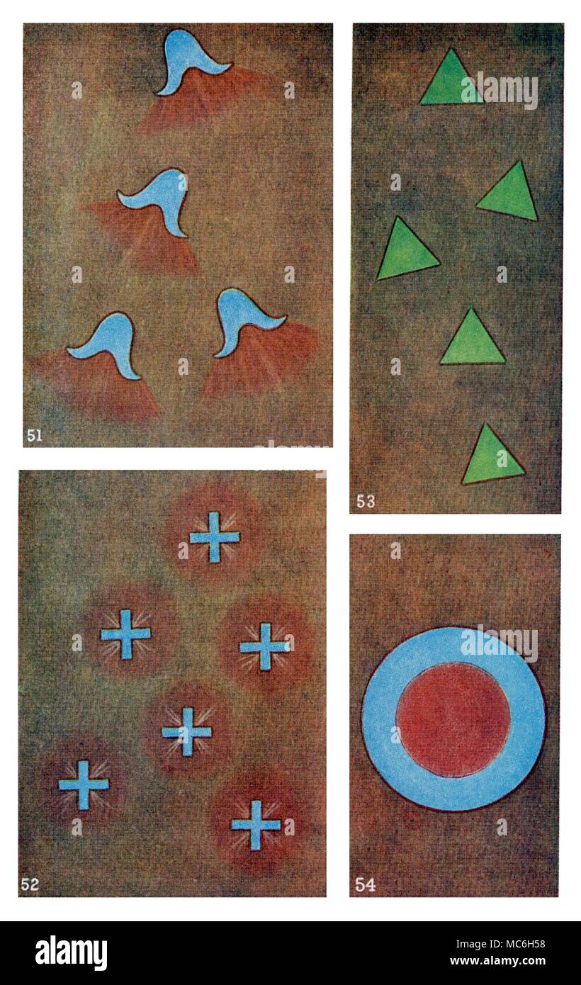 Die THEOSOPHIE - gedacht - Formulare - astrale Ebene vier Sätze von Gedankenformen, gesehen durch geschulte Hellseher, auf der astralen Ebene, als Folge von Experimenten entwickelt, hilfsbereit und heilenden Gedanken an Personen zu senden, die zu bestimmten Zeiten. Gemälde von Gedankenformen wurden von einer Gruppe von Theosophen entstand gegen Ende des neunzehnten Jahrhunderts. Die Bilder wurden gemacht, nach der okkulten Beobachtungen solcher 'Gedanken' oder 'Visionen' auf der Astralebene von Charles Leadbeater (besant einer solchen astralen Vision behauptet, aber es ist unwahrscheinlich, dass das war echte), von John Varley (ein Nachfahre von Th Stockfoto