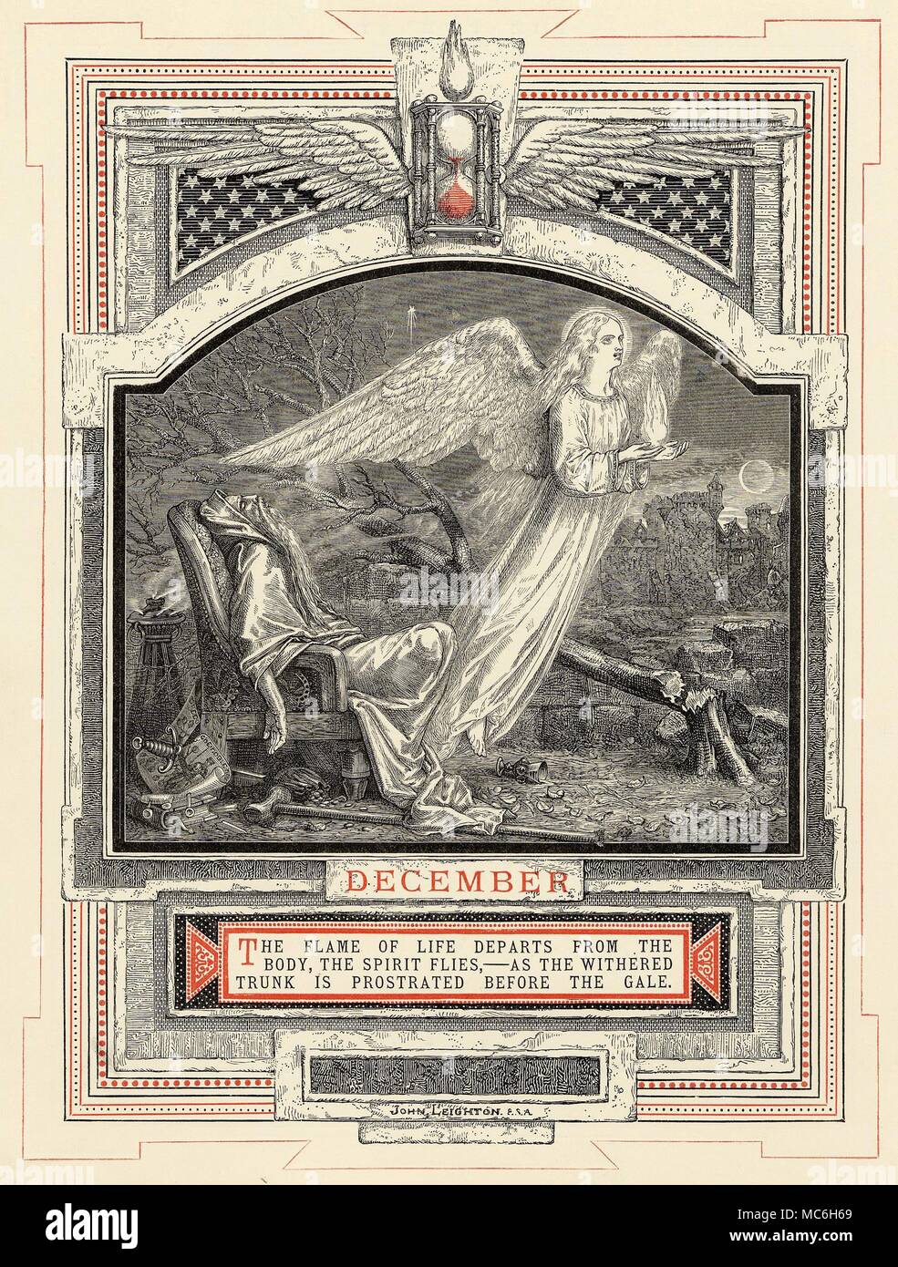 Astrologie - MONATE DES JAHRES - Dezember Der Monat Dezember, aus der Serie von John Leighton, das Leben des Menschen, 1866. Die zwölf Zeichen (in diesem Fall Schütze) sind mit jedem der Monate, in denen die Sonne in diesem Tierkreiszeichen zugeordnet ist. Eine besondere Phase in den zwölf Stadien des Lebens des Menschen ist auch mit dem Bild verknüpft sind, in diesem Fall der Dezember ist mit dem Patriarchen und dem Ende - das heißt, mit dem Thema Tod verbunden. Durch die im zwölften Monat des Jahres, das letzte Körnchen Sand in geflügelten Sanduhr heraus tröpfeln. Der geflügelte Engel reißt den 'Feuer', die Stockfoto