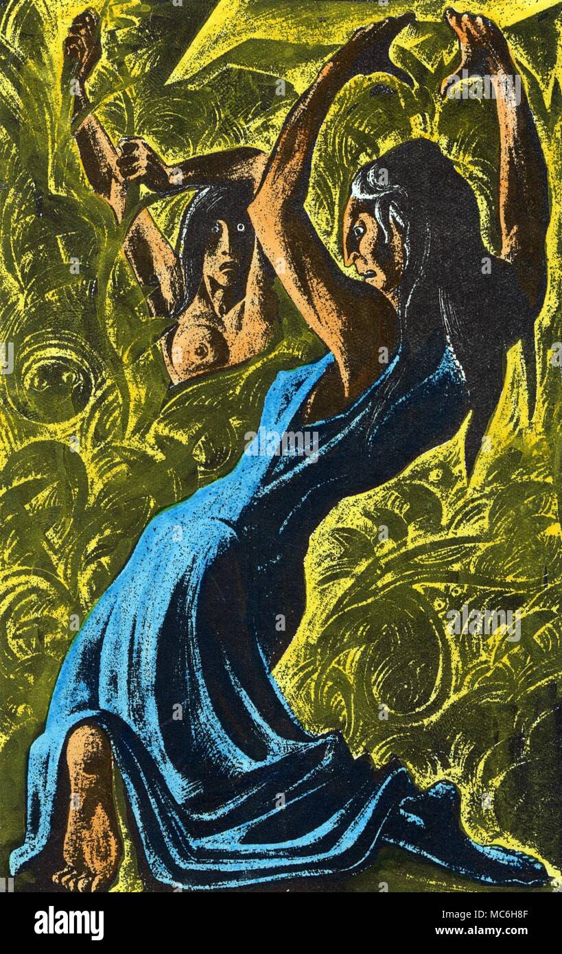 Spuk- und GEISTERGESCHICHTEN Handcolorierte Lithographie Illustration von Lynd Ward, die klassische Geschichte der absteigenden Wahnsinn und eine doppelgängerin von Art, von Charlotte Perkins Gilman, die Gelbe Tapete, ca. 1935 Stockfoto