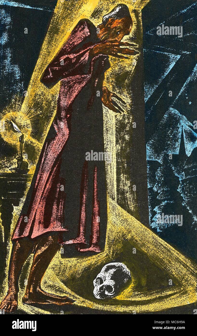 Spuk- und GEISTERGESCHICHTEN Handcolorierte Lithographie Illustration von Lynd Ward zu den klassischen Ghost Story von F. Marion Crawford, die schreienden Schädel, circa 1935. Stockfoto