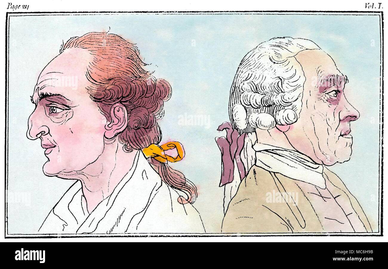 Physiognomie - LAVATER zwei 'physiognomischen' Beispiele von Köpfen, von einer Platte, die in der Ausgabe 1790 von Johann Kaspar Lavater (1741-1801) Physiognomische Fragmente, die er mit der Hilfe von Goethe schrieb. Diese Platte bezieht sich auf Seite 211 in Band I der englischen Übersetzung, wobei die zwei Köpfe werden diskutiert. Stockfoto