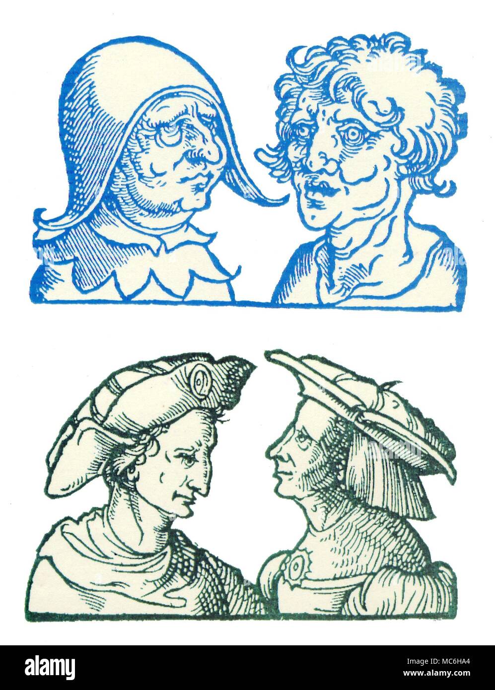 Physiognomie vier Köpfe in Bezug auf, wie die gesichtszüge zu bestimmten psychischen Antriebe, Impulse, Gelüste und Eigenschaften entspricht. Von Barthemy Cocles, Physiognomie, 1533. [Top] Augen und das allgemeine Aussehen der faulen und gierigen Männer. [Bottom] Augen und das Aussehen der Männer, ruhig, treu, und von großer Intelligenz. Stockfoto