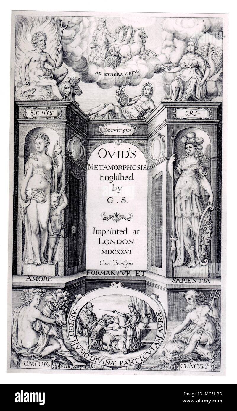 Mythologie - ovid Die Titlepage von Ovids Gedicht, Metamorphose, in Englisch  gedreht von George Sandys, 1627. Sandys hat den Großteil seiner Übersetzung  in Amerika - und diese Arbeit ist die erste wichtige