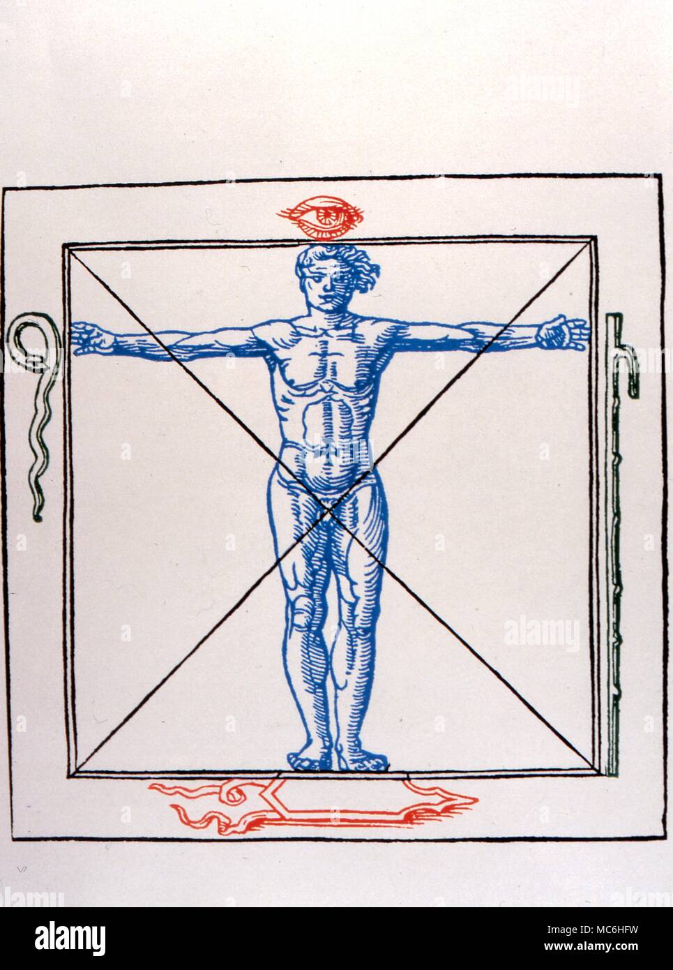 Magische Symbole kosmische Mensch in eckigen, zwischen symbolischer Formen der Schlange, Auge und die Kolbenstange gelegt wird. Von den 1532 Edition von Agrippa'de Helvetica Philosophia''' Stockfoto