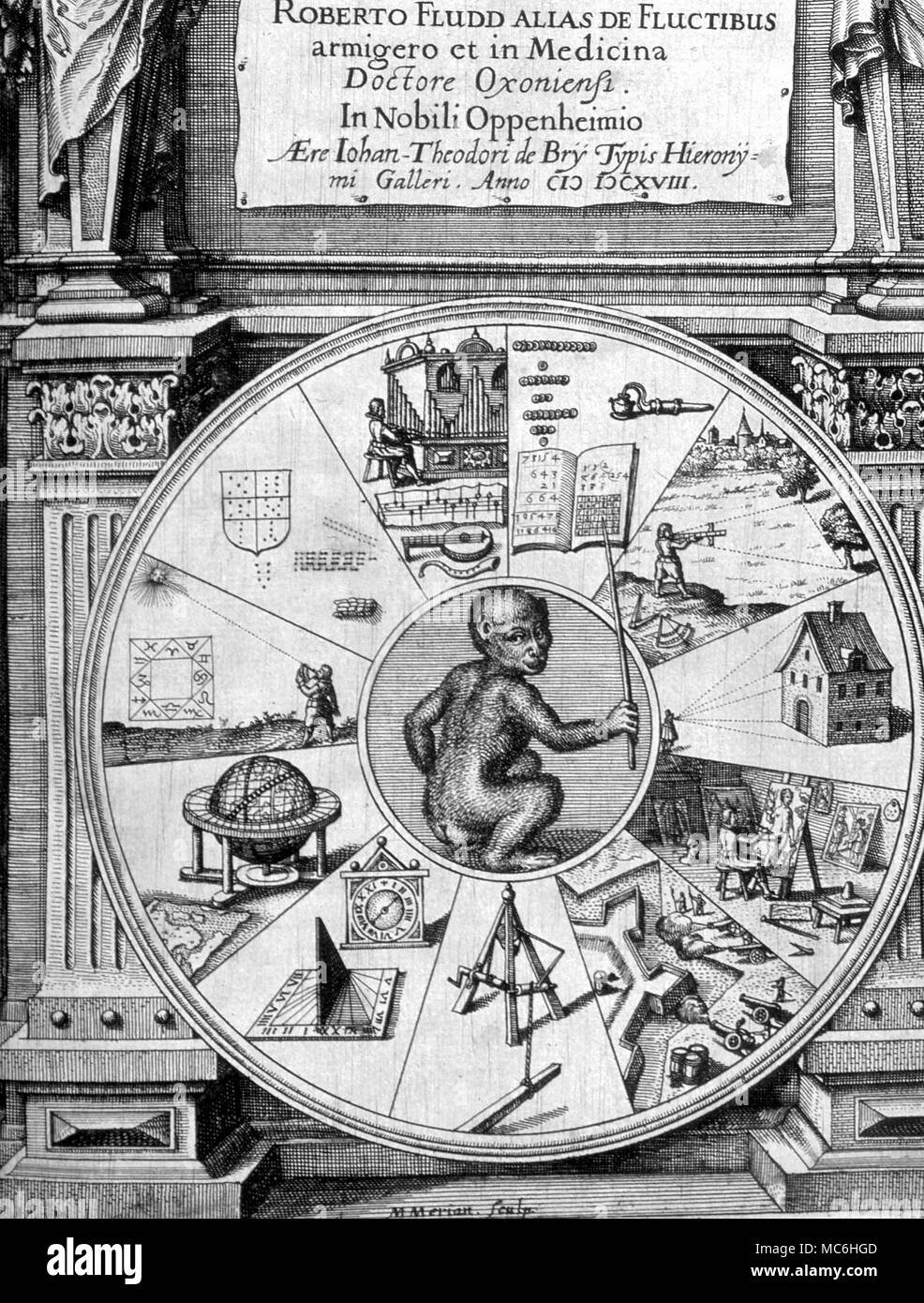 Magische Symbole Titel Seite von Robert Fludd's 'Naturae Simia'' 1618, mit elf Divisionen der arkanen Wissen um die Affen." Stockfoto
