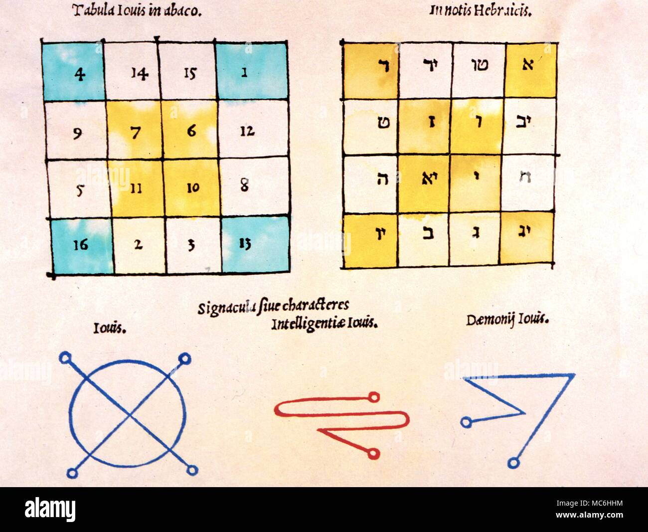 Magische Symbole. Platz mit Zahlen in Arabischen und Hebräischen Buchstaben für den Planeten Jupiter. Die Siegel unten sind von den Zahlen in den Quadraten abgeleitet. Von Agrippa 1532. Stockfoto