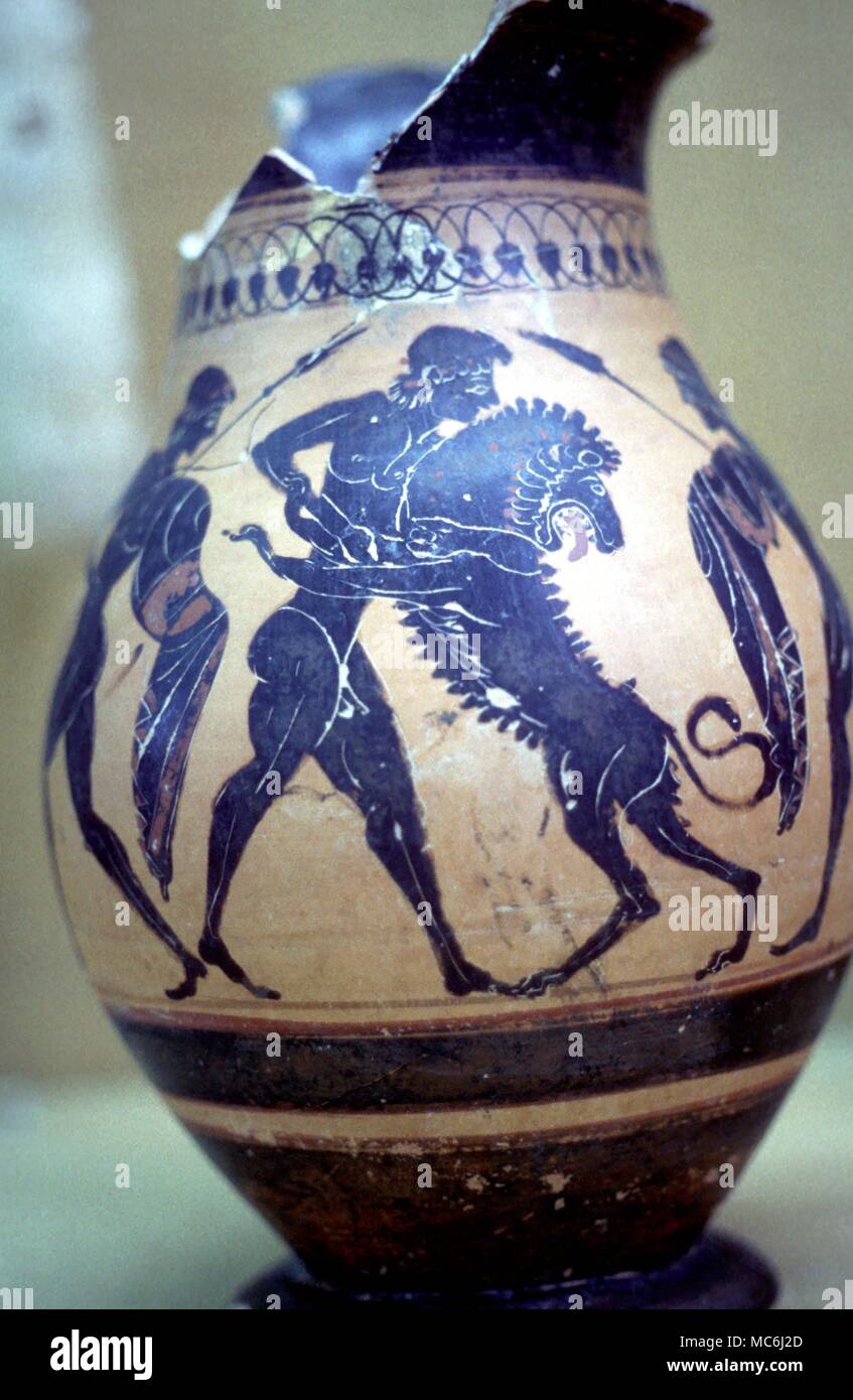 Der griechischen Mythologie Herkules Herkules im Kampf gegen die Löwen griechischen Vase paintingg des vierten Jahrhunderts im Museum Rhodos Stockfoto
