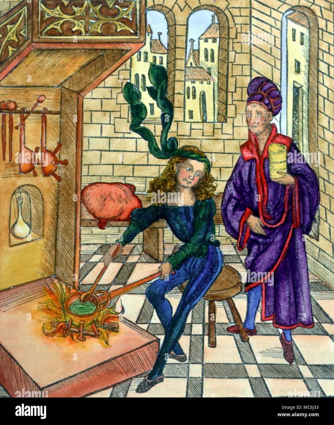 Medizinische der Apotheker assistant Hand farbige Holzschnitt 1510 historische Bezeichnung für ein Arzt eine Rolle jetzt von einem Apotheker serviert. Stockfoto
