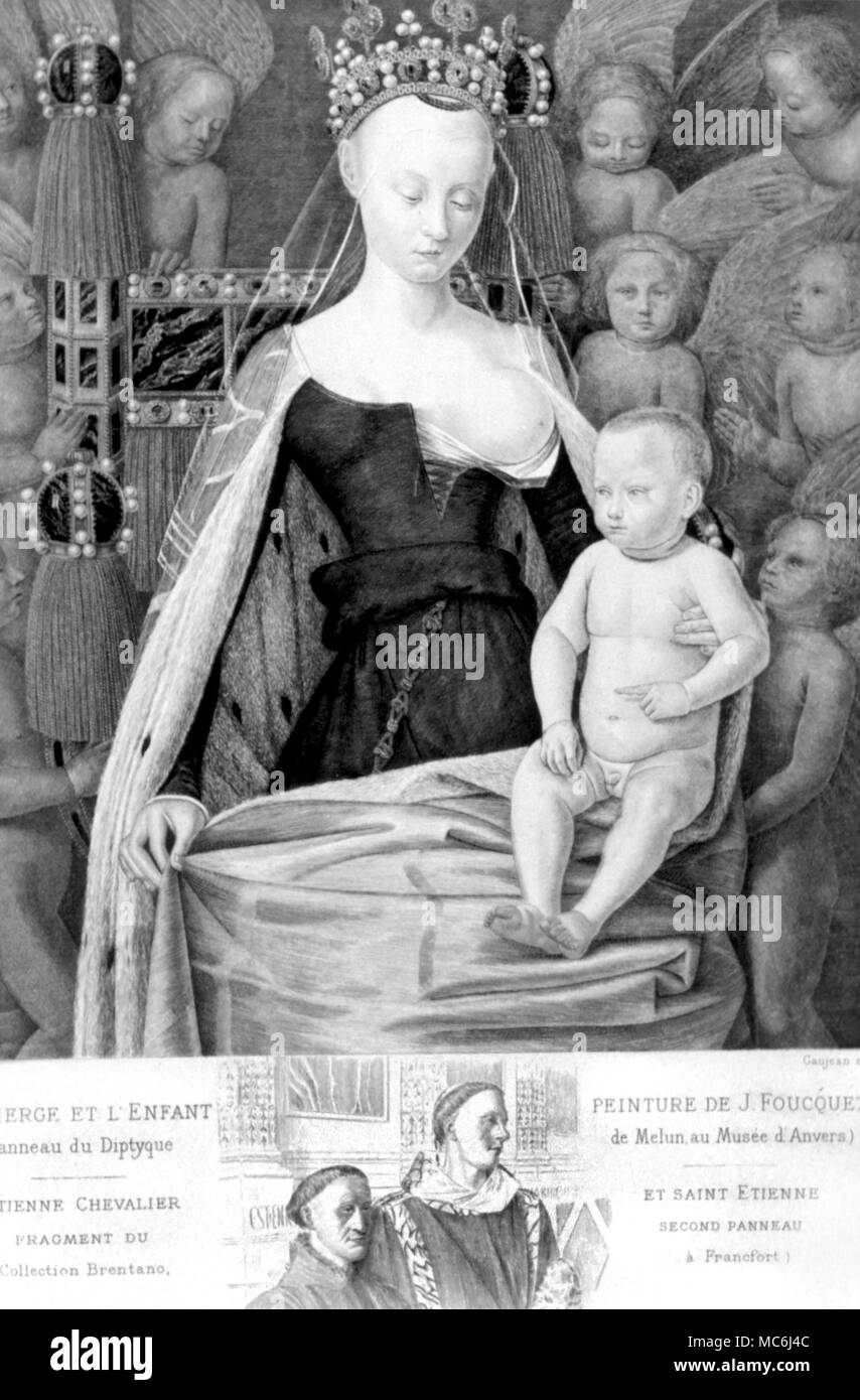 Christliche Mutter und Kind Jungfrau und Kind Kupferstich von Ganjeau der Gemälde von Foucquet Gravur von Louis Gonse L'Art Gothique ca. 1897 Stockfoto