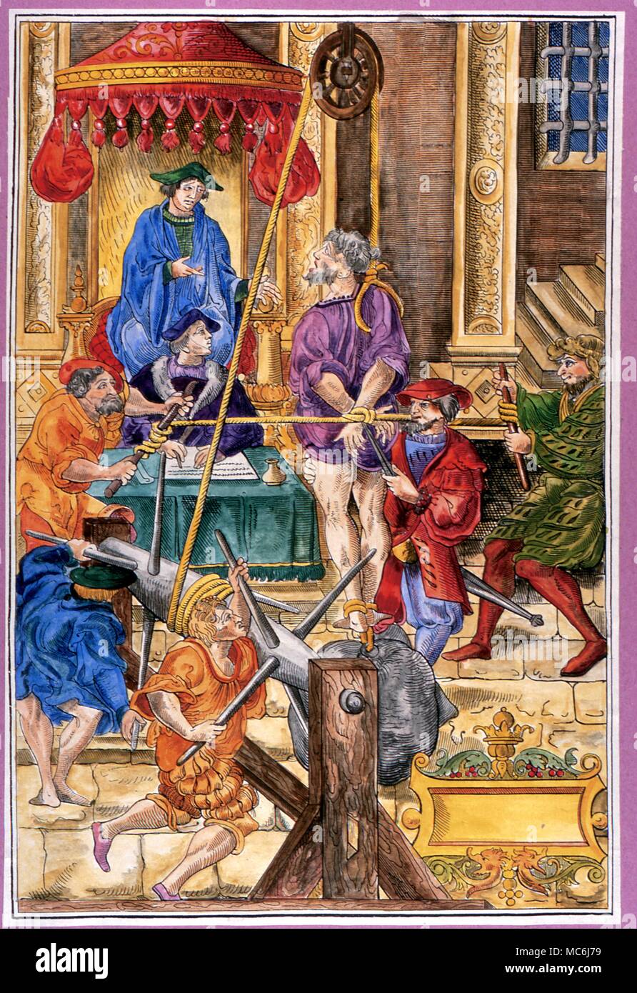 Folter - Estrapade, Instrument der Folter besonders durch die Inquisition verwendet. Holzschnitt 1541 Stockfoto