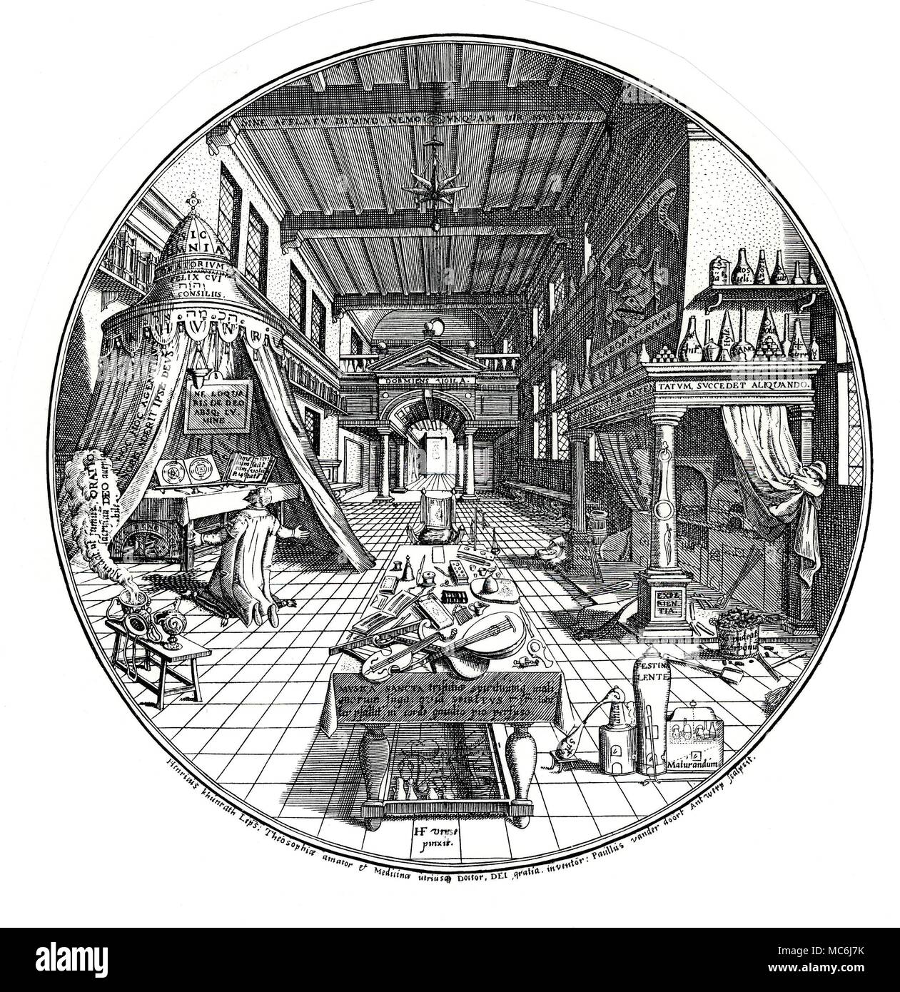 Alchemie - das Labor der alchemistischen Labor, als Ort des Gebets und Experimentieren - von Heinrich Khunrath, Amphitheatrum Sapientiae Aeternae, 1602. Eine ausgezeichnete Übersicht der Lateinischen Mottos und Meditationen, können in Stanislass Klossowiski de Roal, das Goldene Spiel gefunden werden. Alchemistische Gravuren des siebzehnten Jahrhunderts, 1988, S. 44. Stockfoto