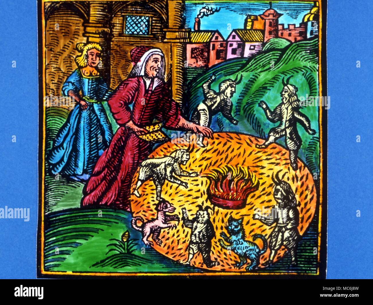 DIVINATION - ANNE BODENHAM. Die Hexe, Anne Bodenham, divining die Zukunft mit Hilfe einer Katze, Hund und fünf Dämonen, von nathanial Crouich's "Reich der Finsternis", 1688 Stockfoto