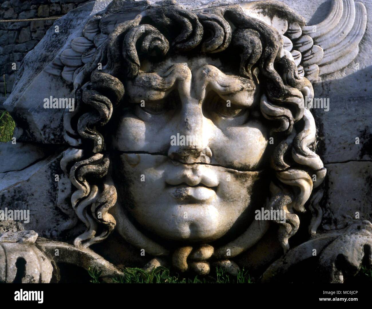 Türkei - Medusa den Kopf. Leiter der Gorgo Medusa in der antiken griechischen Tempel Revier in Didyma, Türkei Stockfoto