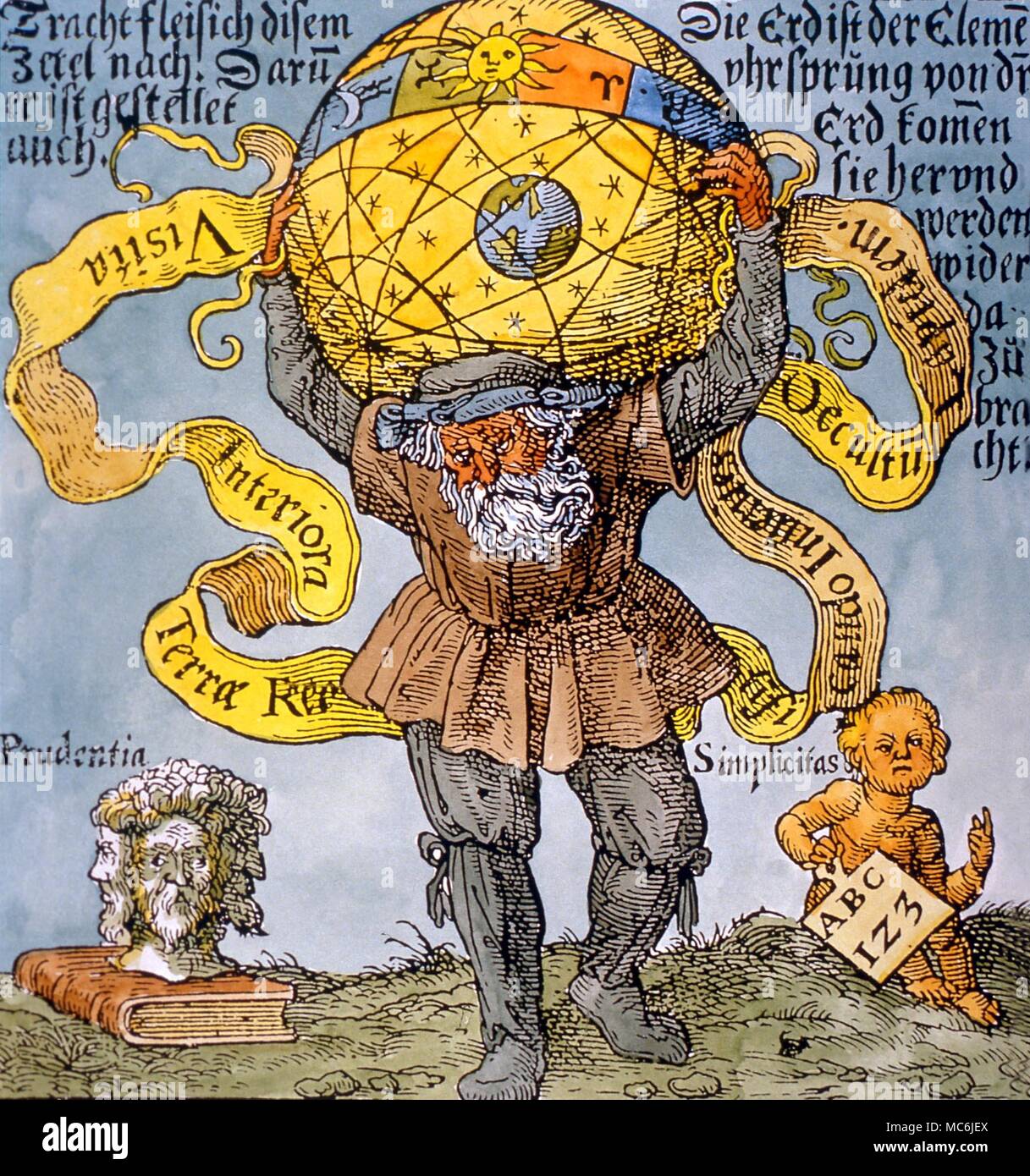 Alchemie - Atlas und Himmelsglobus. Bild von Atlas der stellaren Globus. Aus der deutschen Ausgabe (1603) von Basil Valentine's 'Helvetica Philosophia" Stockfoto