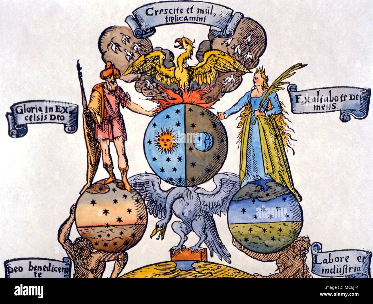 Alchemie - PHOENIX und andere Symbole. Detail der solaren und lunaren Figuren, mit dem Phönix aus der Flammen. Die jungen des Phoenix, fliegen in die Wolken ist ein Alchemistischer Bild der Stein der Weisen. von Andreas Libavius Alchymia ''' 1606 Stockfoto