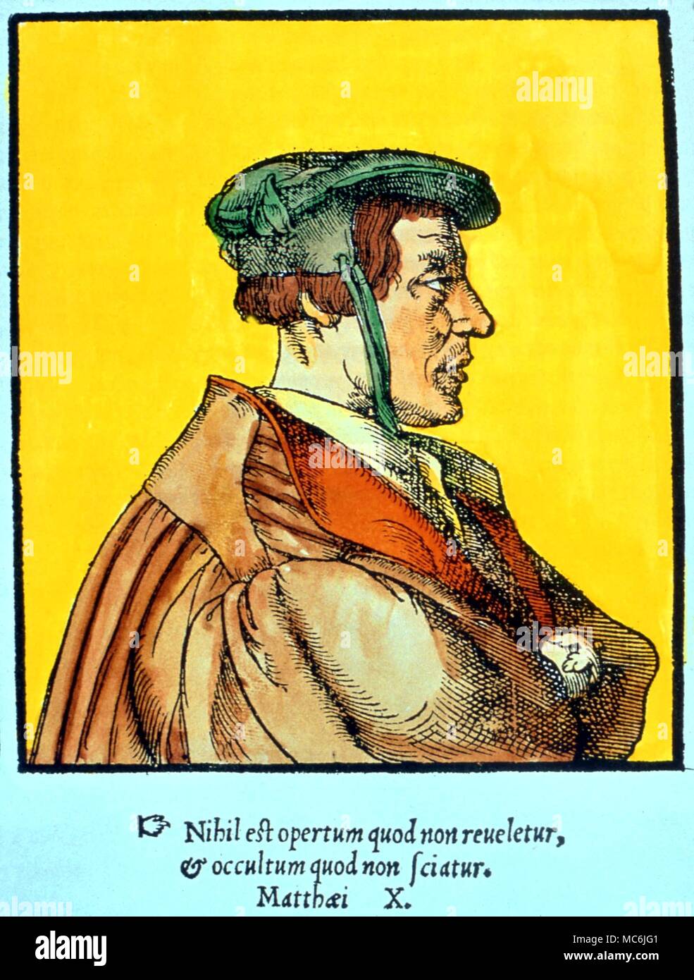 Okkultisten - Agrippa. Portrait von Cornelius Agrippa (1486-1535), in seinem persönlichen Horoskop, Cast für September 1486. Aus dem 17. Jahrhundert Gravur in vielleicht der "Abbildung der okkulten Künste' Stockfoto