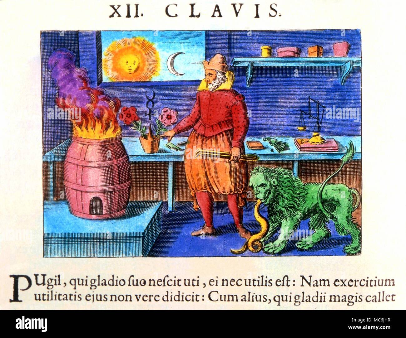 Alchemie - Lion Schlange ißt. Der Löwe von Schwefel die Einverleibung der Schlange Quecksilber, mit dem geheimen alchemischen Feuer der Kalzinierung. Von Maier's 'Tripus Aureus', 1618 Stockfoto