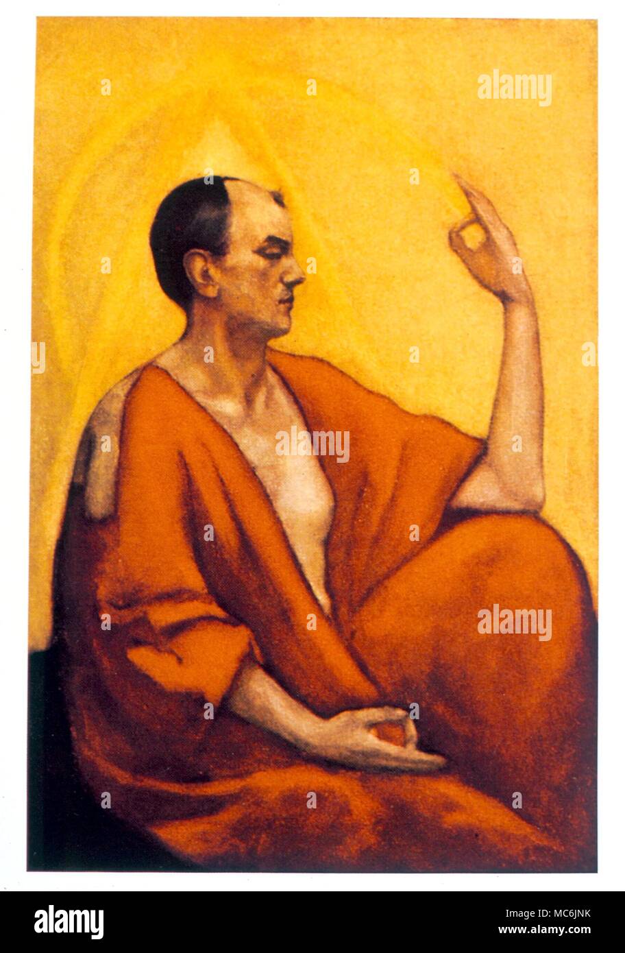 Okkultisten-MASTER THERION. Portrait von Crowley in einem Yoga Position mit dem Titel 'Master Therion". Von Leon Kennedy für Engers die Vol.3 Nr. 1 Ausgabe von crowleys "Equinox" lackiert Stockfoto