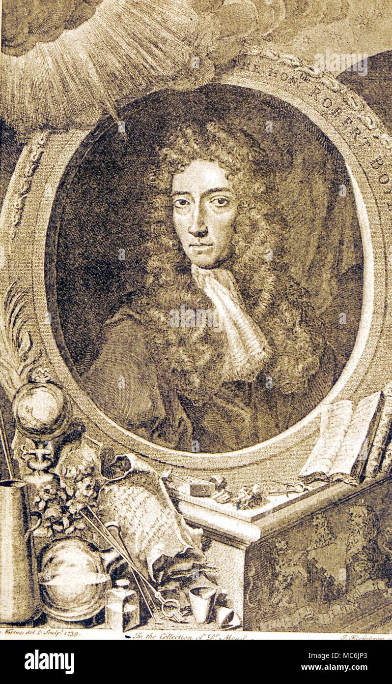 Okkultisten - Gravur von Robert Boyle, der Chemiker, Alchemist und Rosenkreuzer Stockfoto
