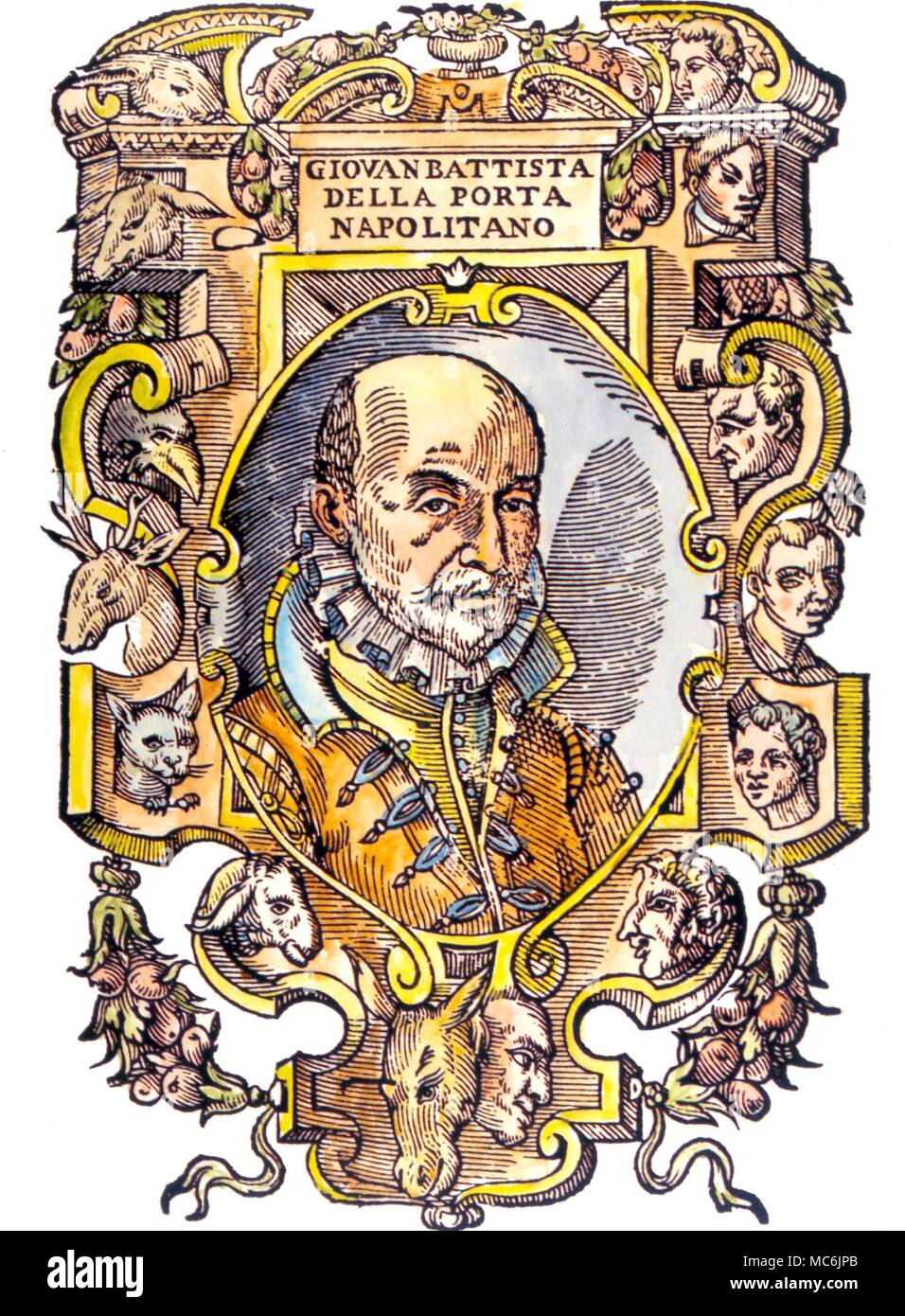 Okkultisten - Della Porta. Portrait von Giovanni Battista Della Porta, der physiognomist (1538-1615), durch menschliche und tierische Gesichtern umgeben, von seiner 'Physiognomia" von 1650 Stockfoto
