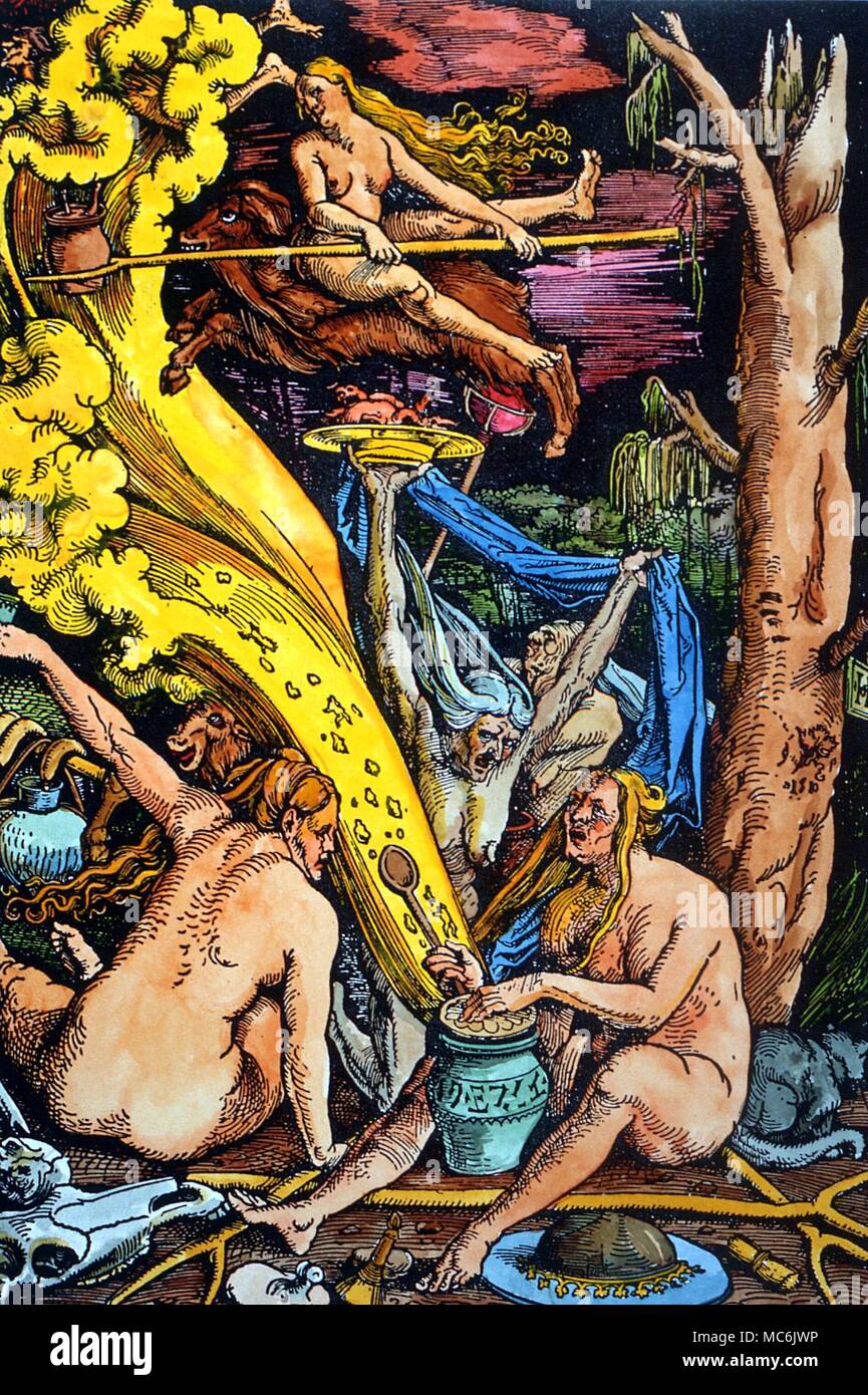 Hexerei - VORBEREITUNG FLIEGEN SALBE. Hexen Vorbereitung fliegen Salbe vor dem Fliegen auf den Sabbat. Hinweis Die Hexe transvecting auf eine Ziege. Nach einem Holzschnitt von Hans Baldung Grien, C. 1510 Stockfoto