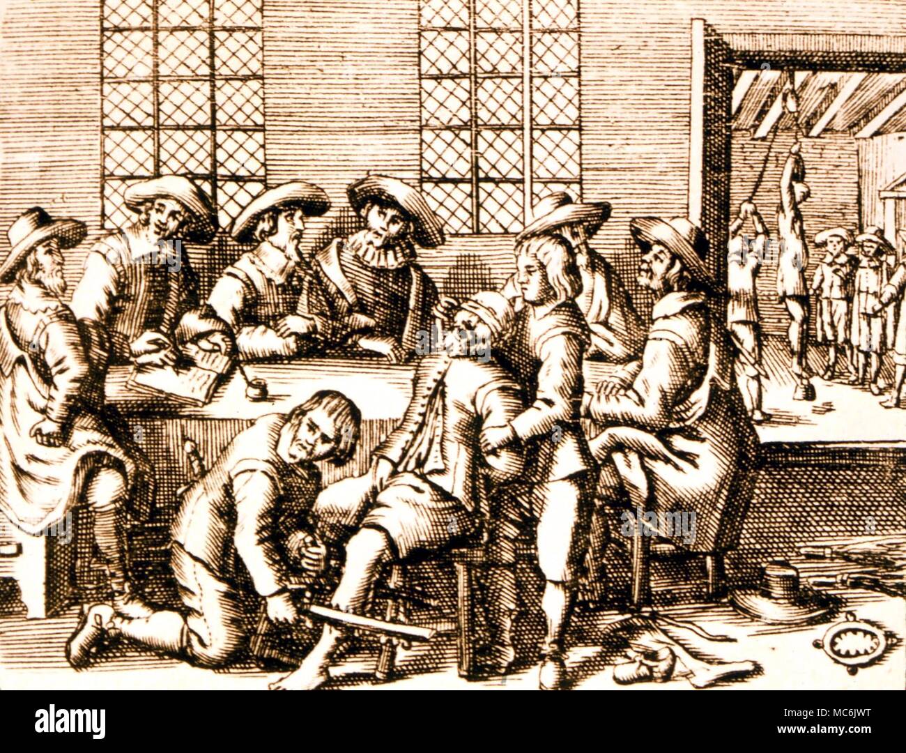 Hexerei - Folter. Die Folter von Herr Agerola - Amalfi Coast von Rheinbach, 1631. Von der Gravur in Cornell University Library Stockfoto