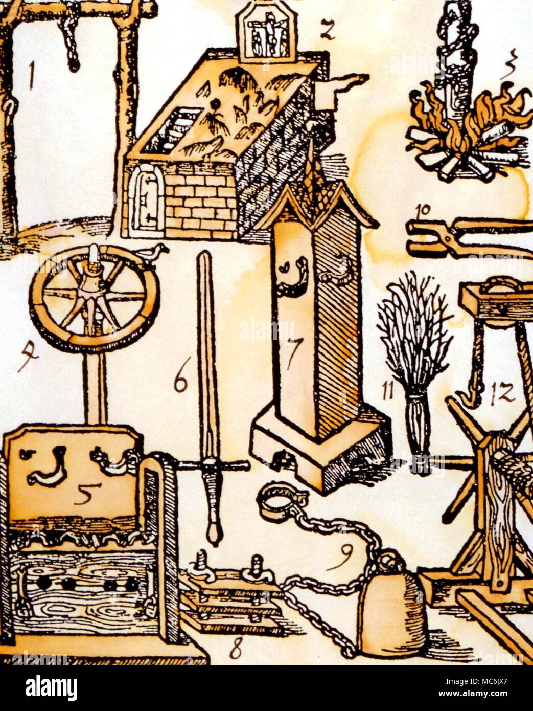 Hexerei - Instrumente der Folter verwendet während der hexerei Versuche an der Bamburg. aus dem 'Bamburgerische Halsgerichtsordnung", 1508. Stockfoto