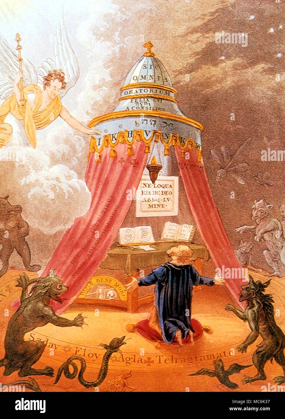 Dämonen - Anrufung von Geistern (gut oder schlecht), bevor eine magische Zelt (ein Alchemistisches Symbol). Lithographie aus "Der Astrologe des 19. Jahrhunderts" Stockfoto