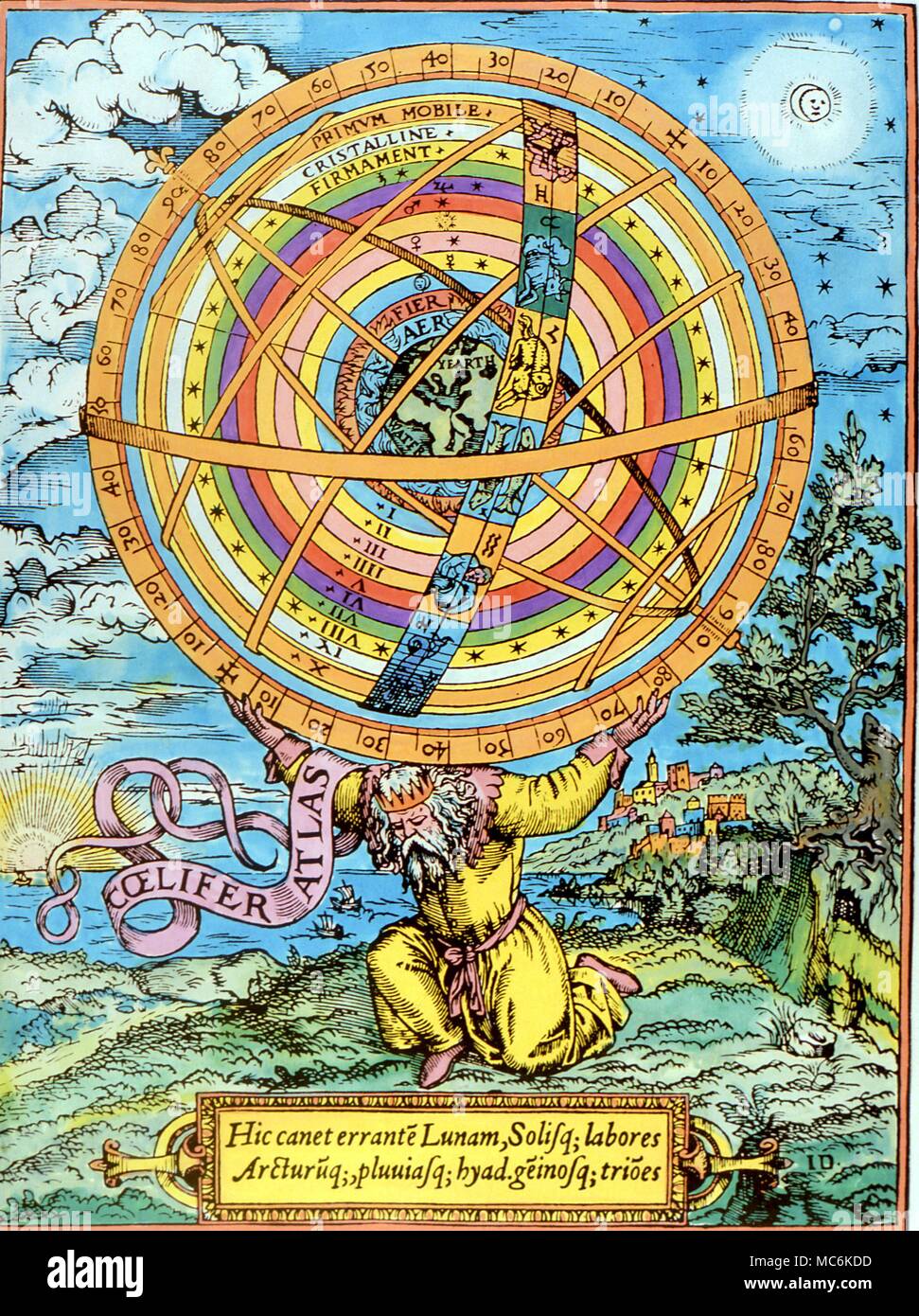 Astrologie planetarischen Sphären der Planeten- und Tierkreiszeichen Sphären durch die klassische Atlas durchgeführt. In der Mitte der Kugeln ist die Erde mit ihren Surround der Elemente drucken von ca. 1510 Stockfoto