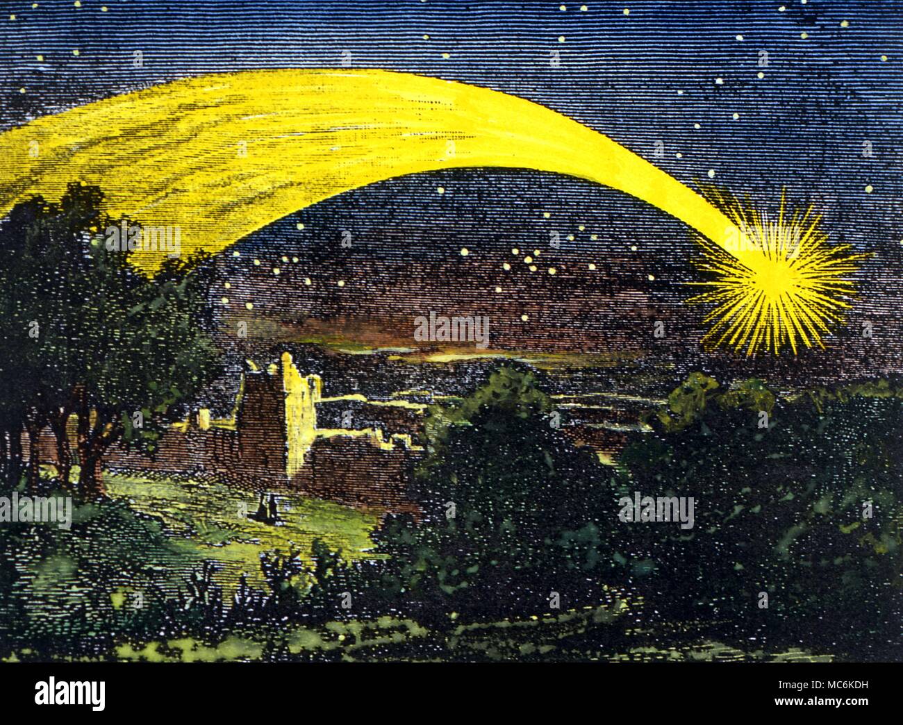 Kometen und Meteoriten Meteor fegen über eine romantische antike mit Schaulustigen achtzehnten Jahrhundert Gravur Private Sammlung Ruine Stockfoto
