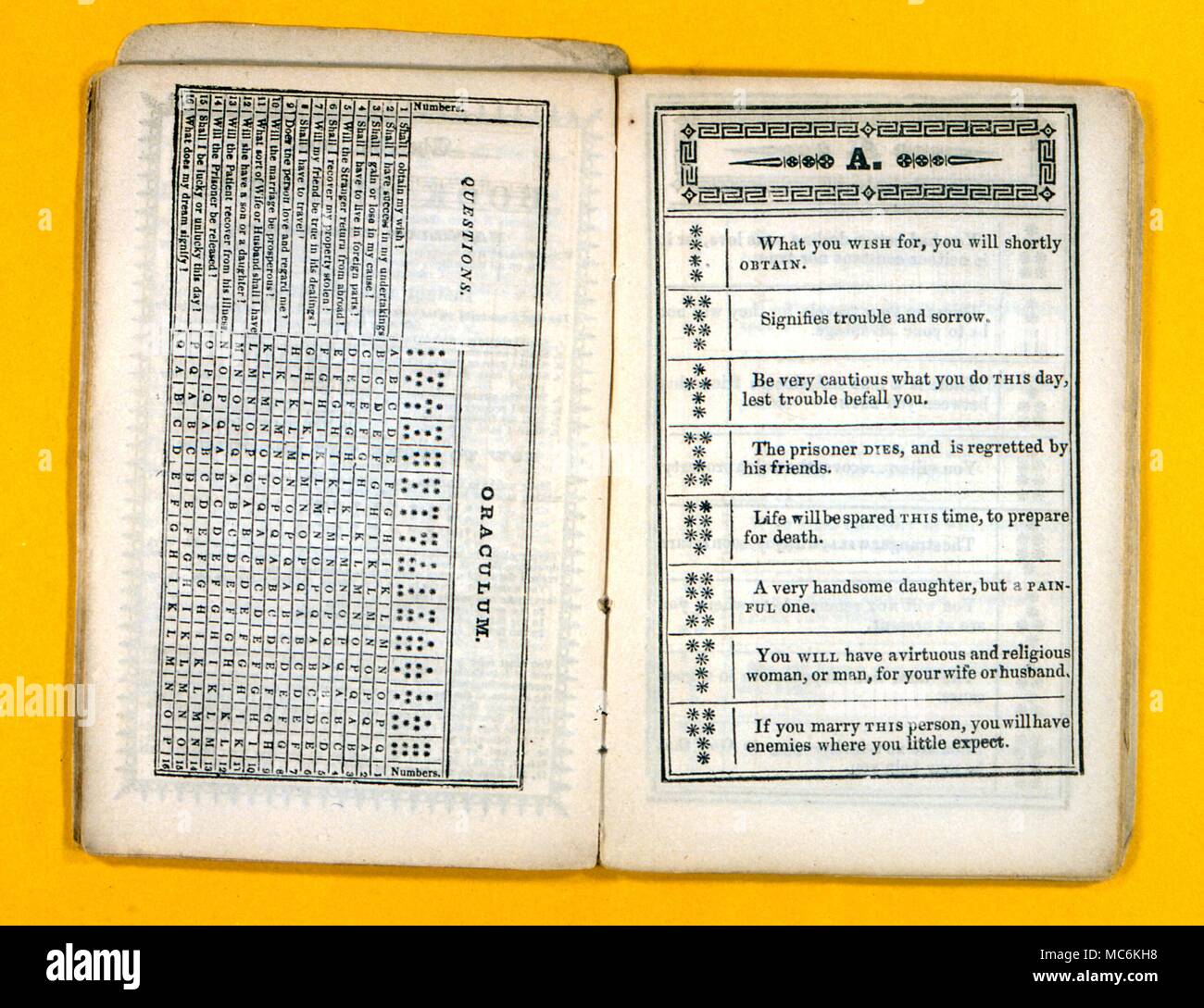 Geomantie - Geomantische Tabelle und Beispiel für Lesungen, aus ein stark vereinfachtes Lady Orakel von um 1860. - Â® Charles Walker/ Stockfoto