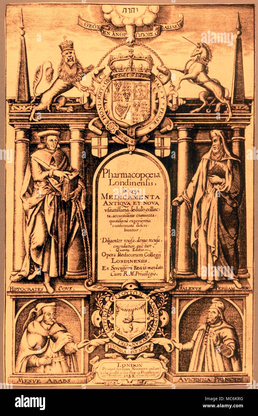 Kräuter-Arzneibuch. Titelseite der ersten in England veröffentlicht wird: 'Arzneibuch Londinensis'' 1632. Platten gehören Hippokrates, Galen und Avicenna.' Stockfoto