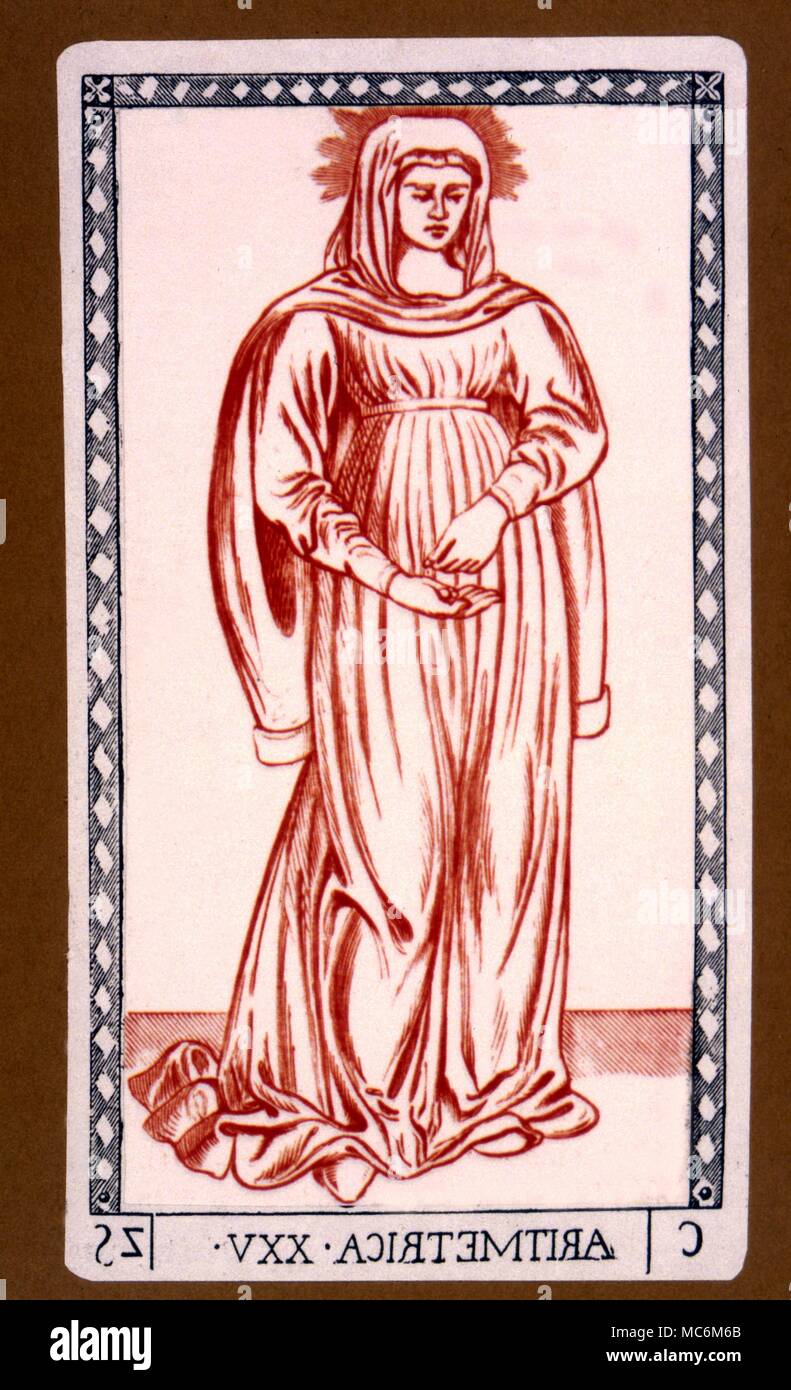 Tarot Karten - Major arcana Karte 25 - die Aritmetrica Karte - aus dem italienischen Deck von der sogenannten Mantegna Design, sagte zu einem der frühesten der Tarot Decks werden. Nach einem frühen 19. Jahrhundert Gravur für den Historiker D'Ambly. Stockfoto
