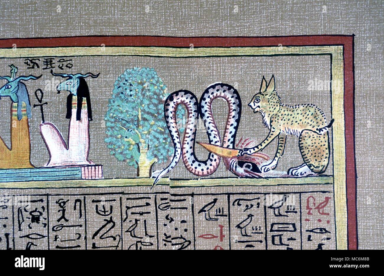 Ägyptische Mythologie - Persea Baum. Eine Katze vor der Persea Baum ist das Abschneiden der Kopf der Schlange - ein Symbol für den Sonnengott Ra slaying den Drachen der Finsternis. Von Budge Ausgabe des "ägyptischen Buch der Toten' Stockfoto