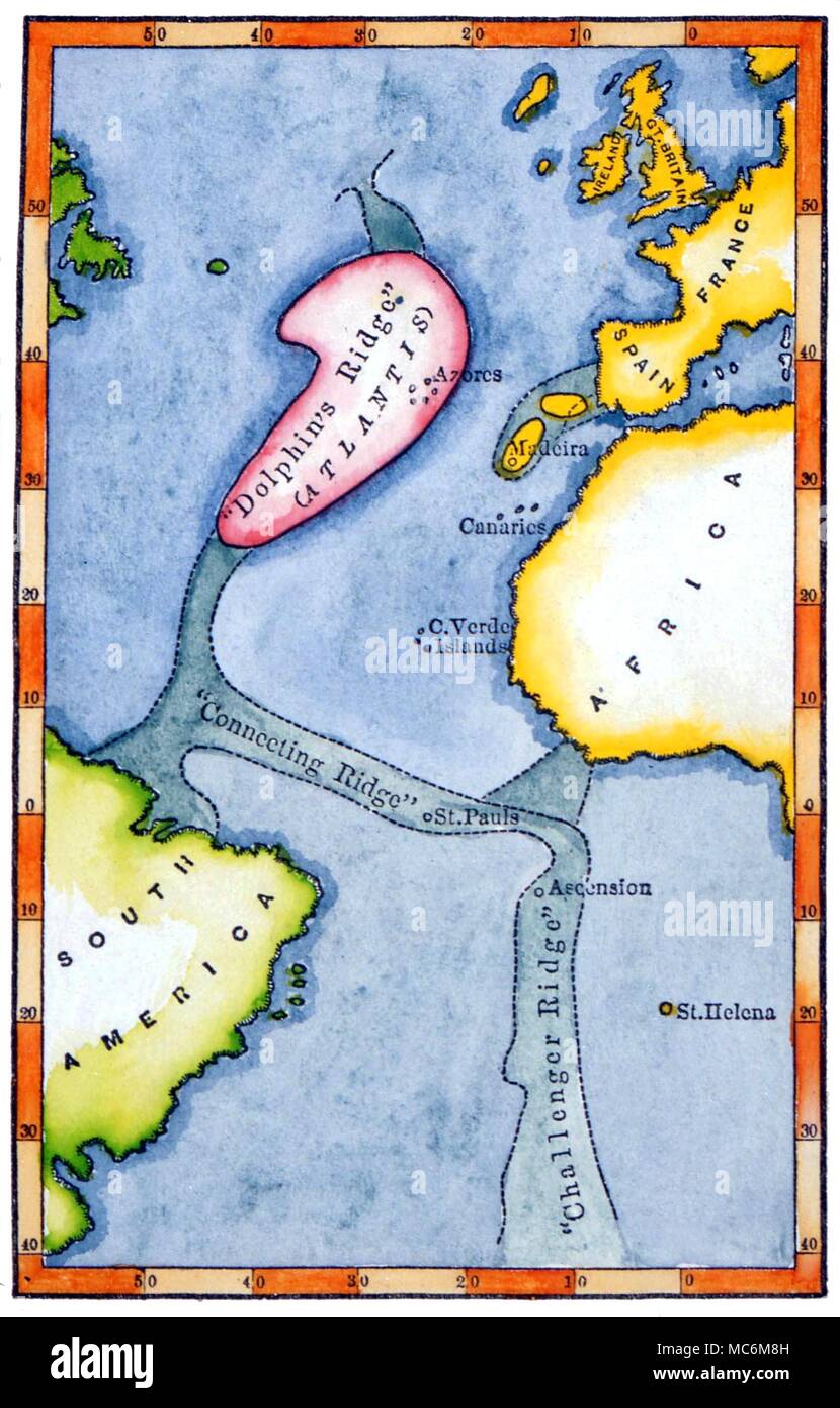ATLANTIS - KARTE VON ATLANTIS. Die Karte von Atlantis, in der Mitte des Atlantik. Diese Rekonstruktion war die eine, die der amerikanische Schriftsteller auf Atlantis, Ignatius Donnelly, der in seinem Buch von 1882 beeinflusst, 'Atlantis. Die vorsintflutliche Welt'. Stockfoto