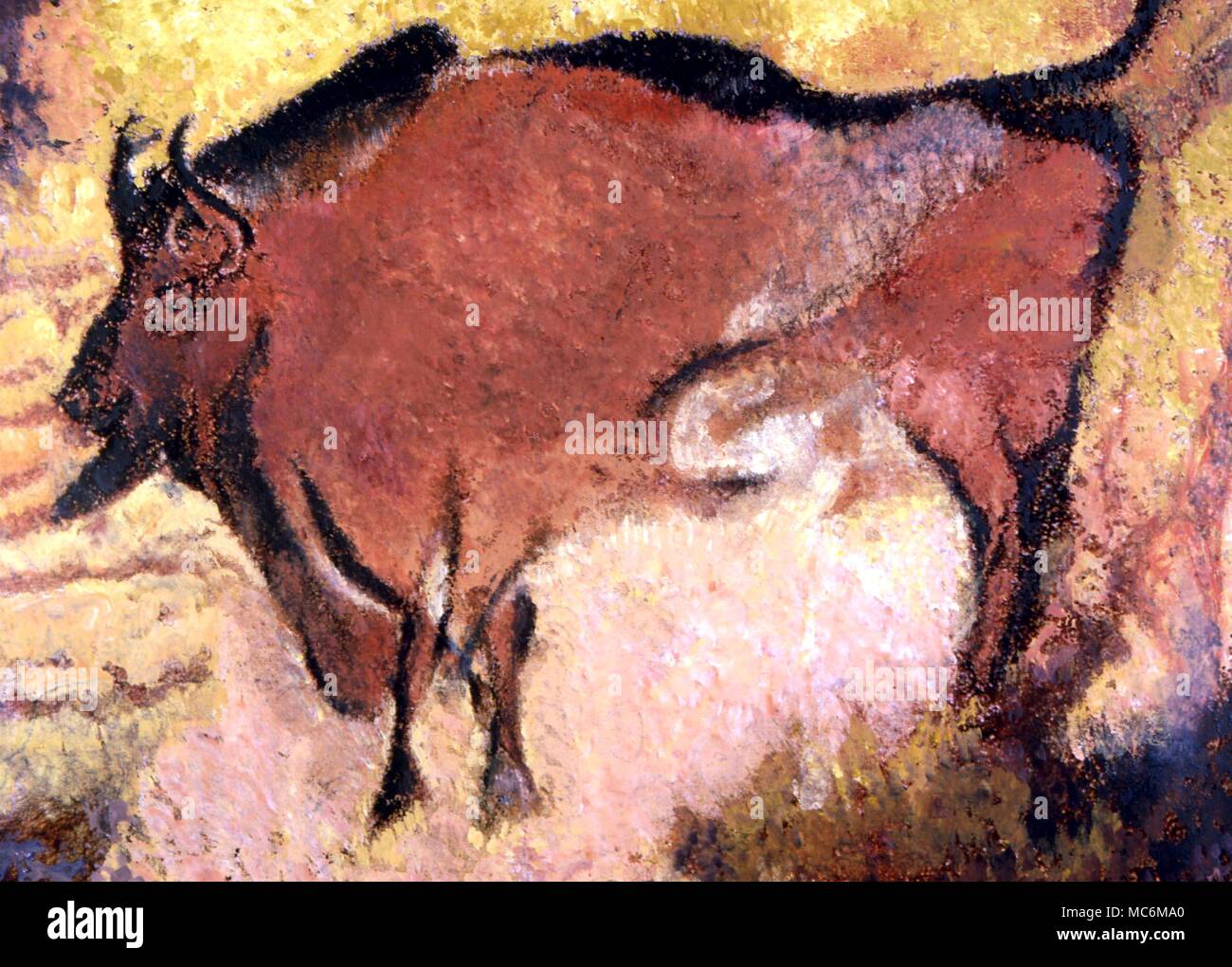 Kunst und Höhle. Prähistorische Malerei von Bison auf den Wänden der Höhle von Lascaux Stockfoto