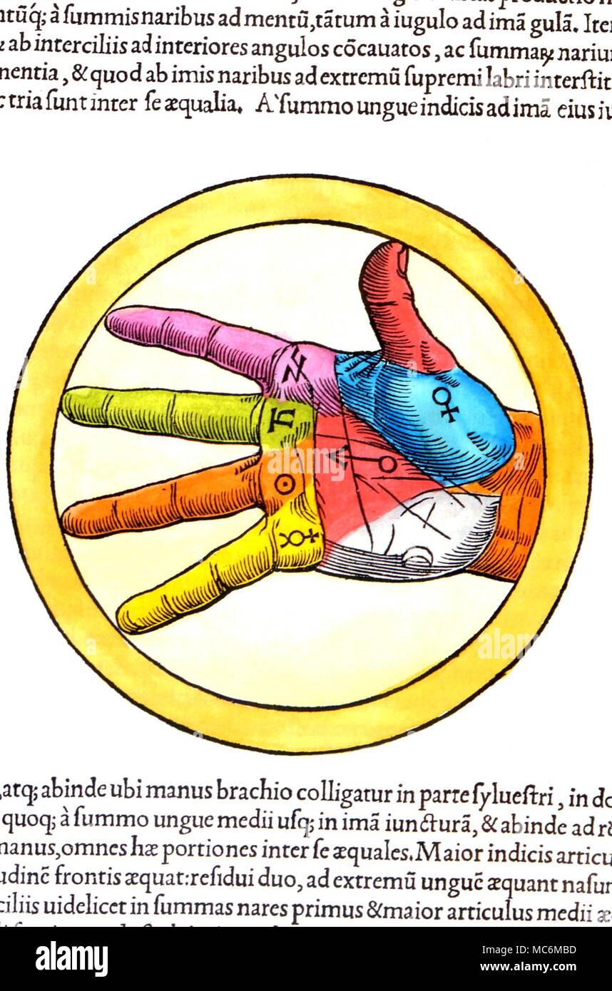 DIVINATION - handlesen. Das Planetengetriebe mounts und fingerr, aus einer Hand - farbige Ausgabe von Agrippa'de Helvetica Philosophia" von 1533 Stockfoto