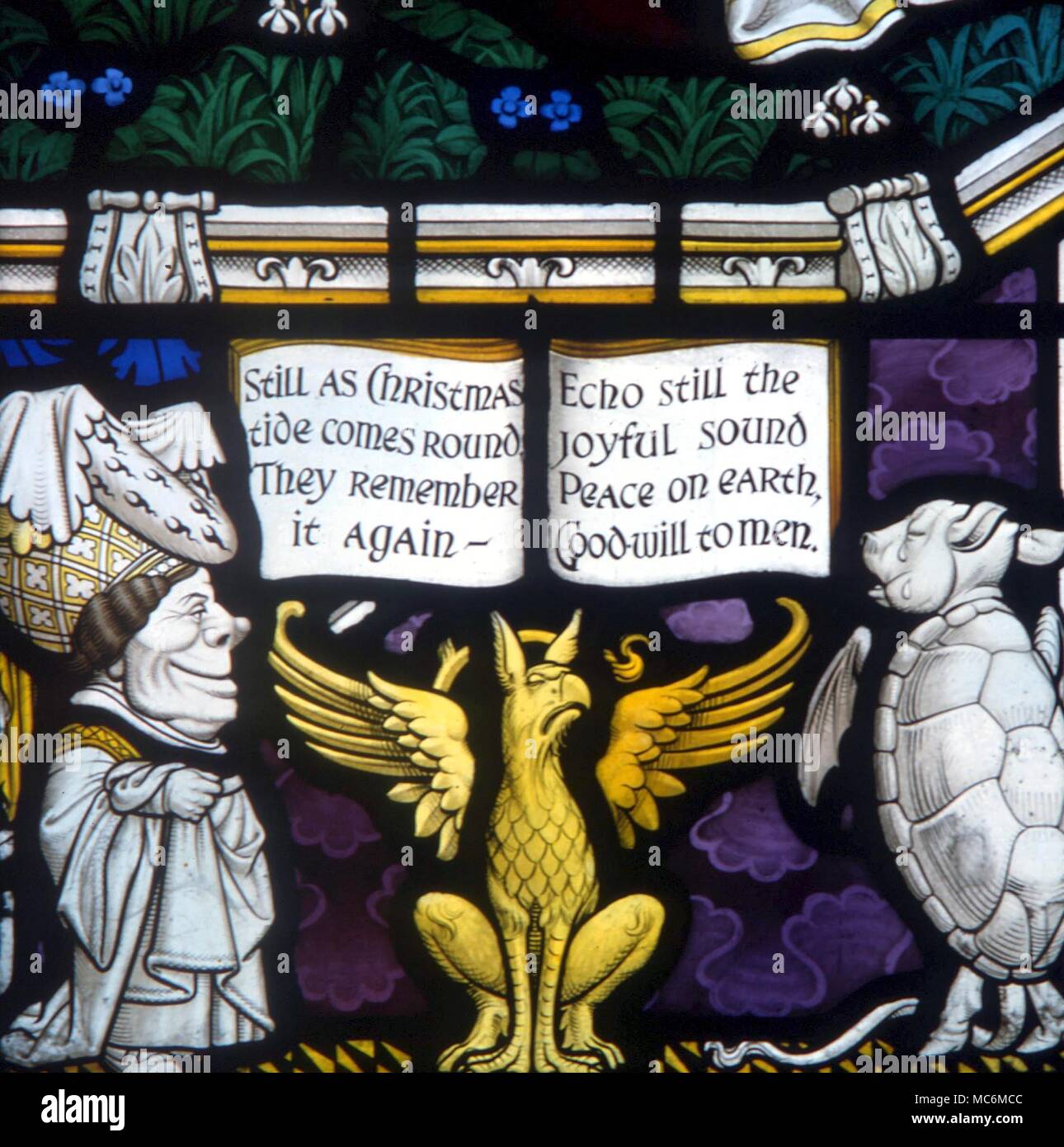 Märchen - Alice im Wunderland. Die Königin, die Greif und die Mock Turtle. Von der Lewis Carroll memorial Fenster Detail, Newton-le-Willows Stockfoto