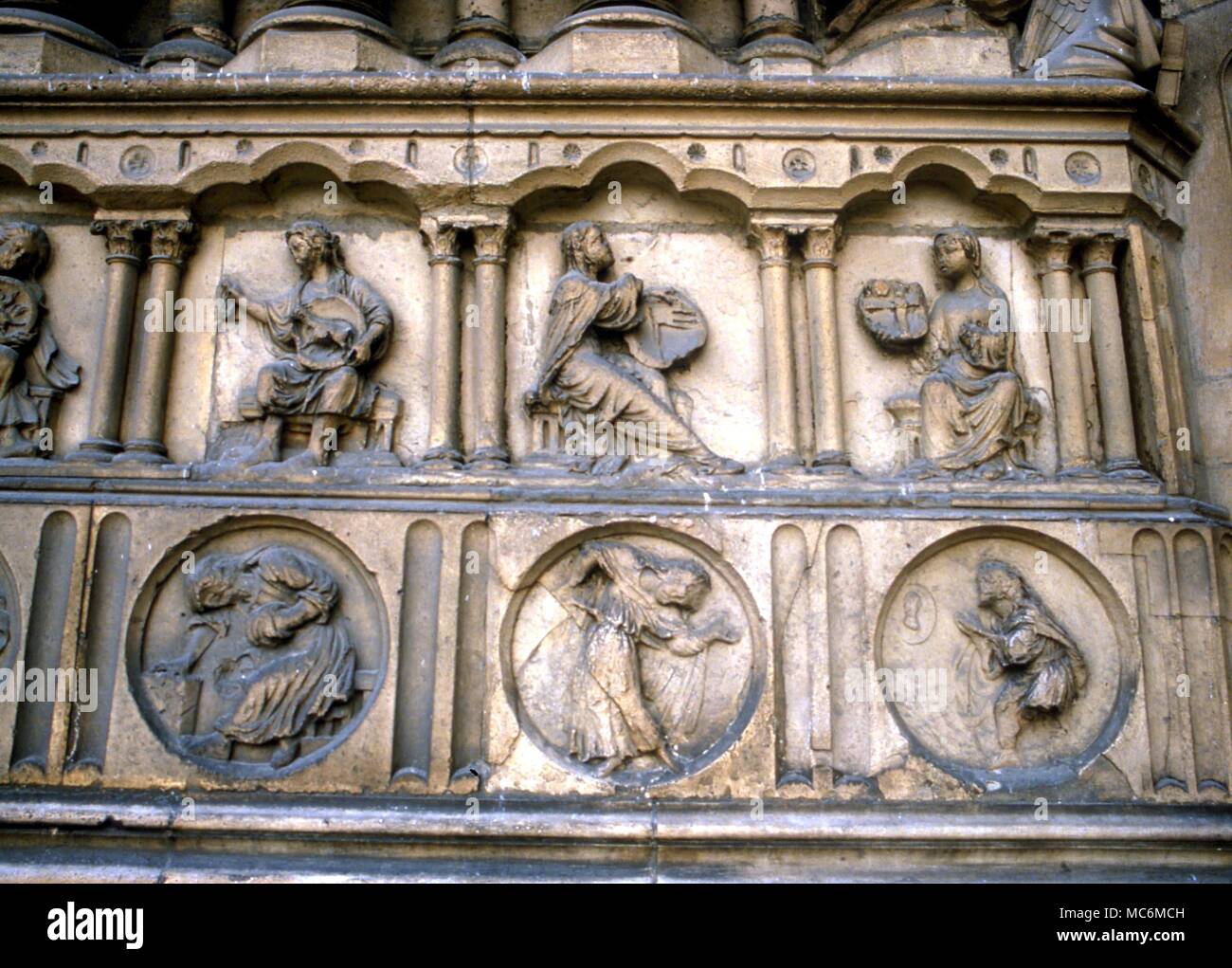 Alchemie - SYMBOLE DER PROZESSE. Sechs alchemistische Figuren an der Fassade der Kathedrale Notre Dame, Paris, die Symbole sind auf die Schirme von den Frauen gehalten Stockfoto