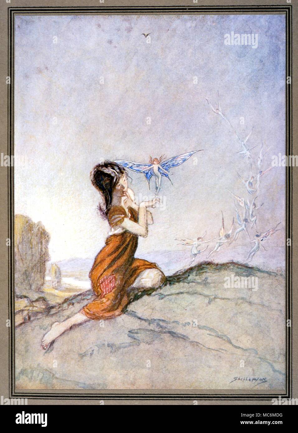 Märchen - COTTINGLEY FAIRIES. Die Farbe der Platte Abbildung von Claude ein shepperson, Alfred Noyes, "ein Spruch für ein Märchen". Eine der ursprünglichen Zeichnungen (und in der Tat das ursprüngliche Thema, auf, wie man Feen sichtbar), die von den Kindern von cottingley verwendet wurden, ihre Märchen Fotos zu produzieren Stockfoto