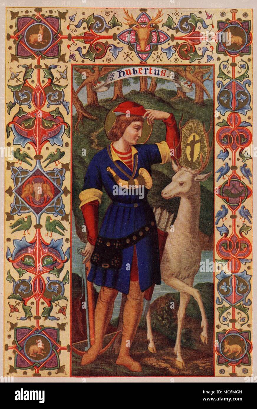 Die Heiligen - HUBERT Saint Hubert, das 8. Jahrhundert Bischof von Maastricht und LiÃžge, ist vor allem berühmt für seine Bekehrung in der Kunst (das ist scheinbar mit der St. Eustachius verwirrt). Während der Jagd, sah er das Bild von Christus am Kreuz zwischen dem Geweih des Hirsches (die Geschichte wird in diesem Bild dargestellt). Die Jagd Horn, so prominent um seinen Hals angezeigt, in diesem Bild, wird gesagt, dass jetzt in der Wallace Collection, London. Er ist der Schutzpatron der Jagd. Prozess drucken, von Alban Butler das Leben der Väter, der heiligen Märtyrer und andere Grundsätze, Ausgabe von ca. Stockfoto