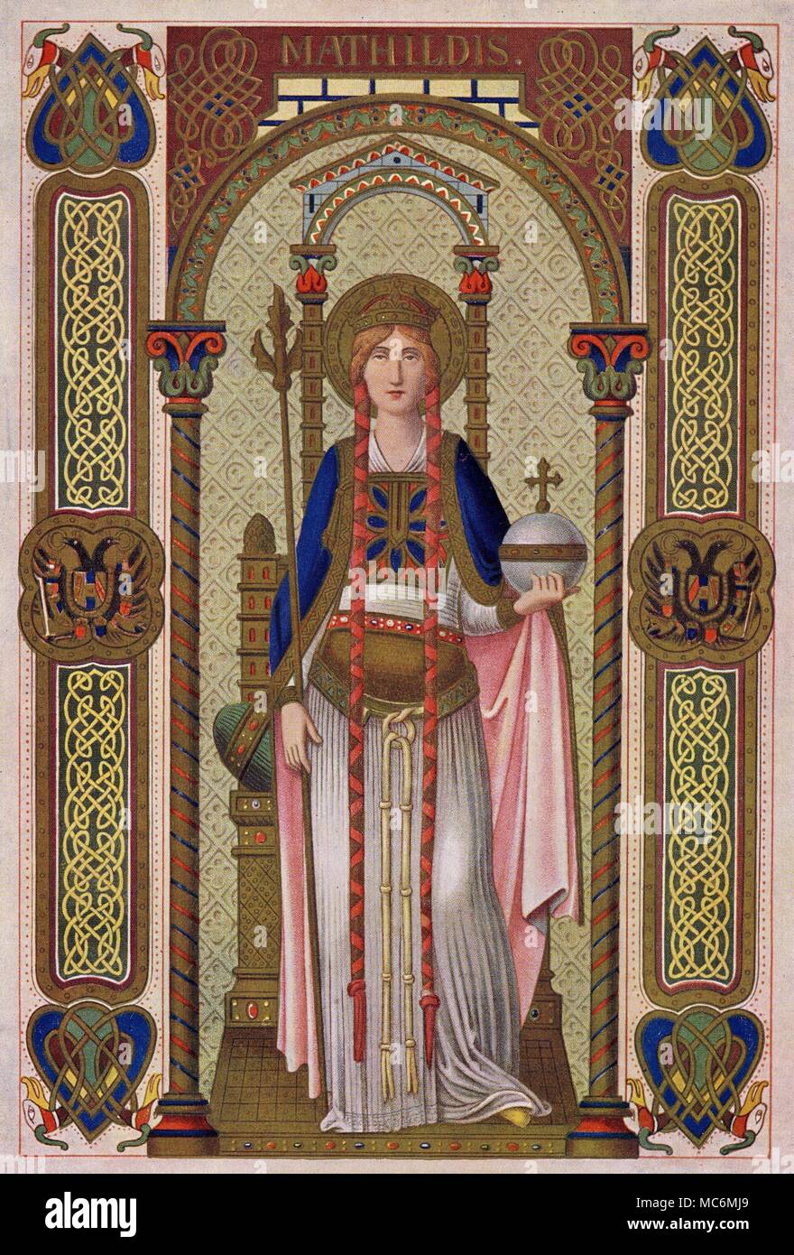 Die Heiligen - MATHILDIS - maud St. Mathildis - oft in Englisch genannt, Saint Maud - war ein 10. Jahrhundert deutsche Königin, die gut in das Kloster in Erford erzogen worden war. Während ihrer Ehe für ihre Frömmigkeit bekannt, nach dem Tod ihres Mannes, sie verzichtete auf die Welt, und widmete sich zu guten Werken und spiritueller Kontemplation. Dieses drucken verkündet ihre königliche Status in der doppelköpfige Adler gerät, und in ihrer Symbole der Macht - die dreifach Personal und die gekreuzten Orb. Prozess drucken, von Alban Butler das Leben der Väter, der heiligen Märtyrer und andere Grundsätze, Ausgabe von ca. 1928. Stockfoto