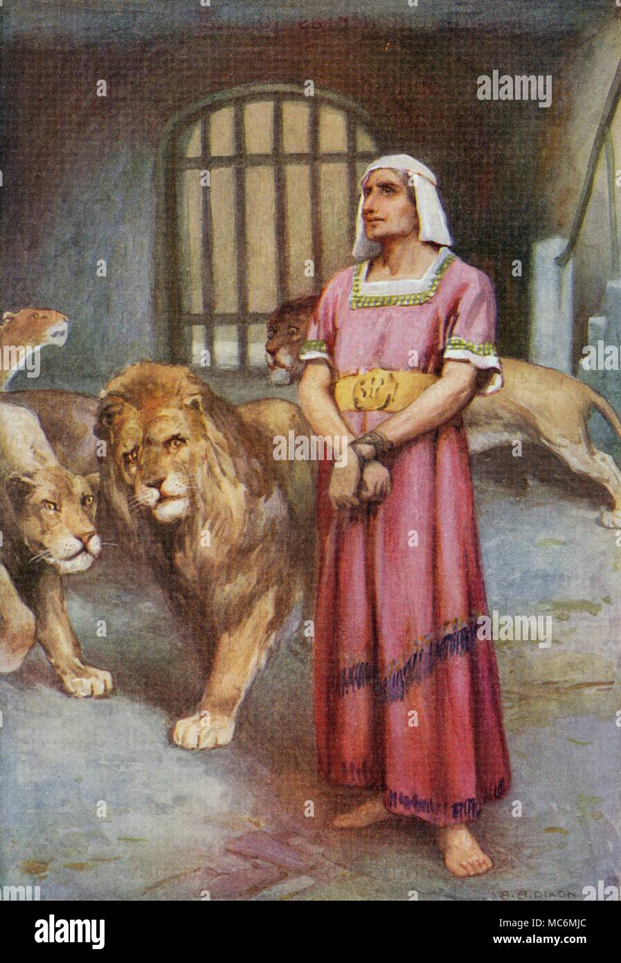 CHRISTIAN - Altes Testament - jüdischen Mythos - DANIEL 'Daniel in der Höhle des Löwen". Obwohl mit den Löwen eingesperrt, Daniel bleibt unversehrt. Abbildung von Arthur Dixon für Theodora W. Wilson, die Geschichte des Alten Testaments, 1926. Stockfoto