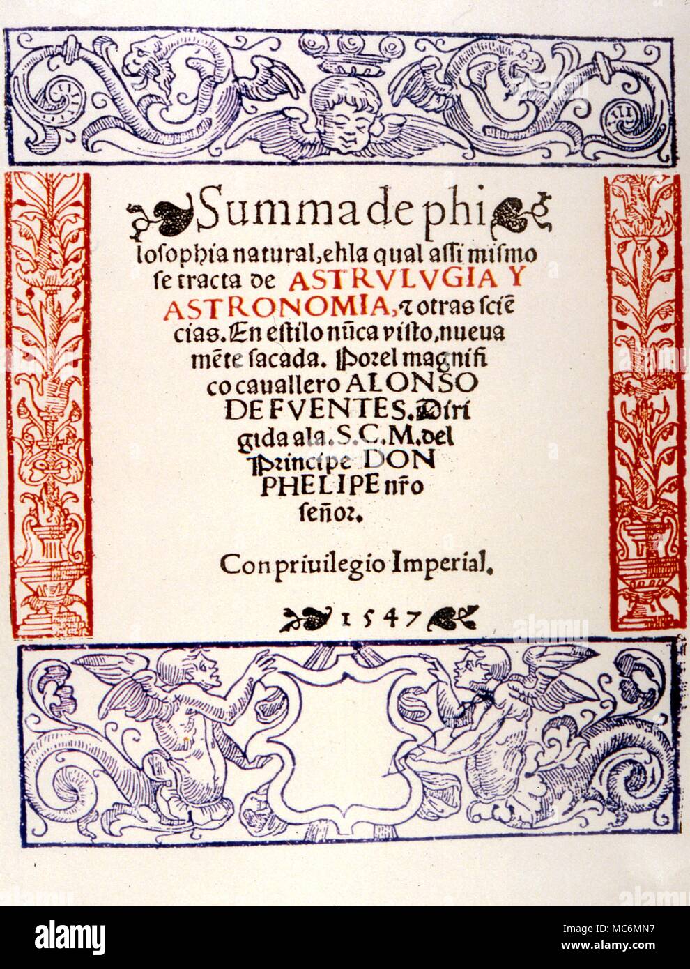 Titelseite des einflussreichen Text umma de Philosophia Natürliche' von Alonso de Fuentes 1547 Stockfoto