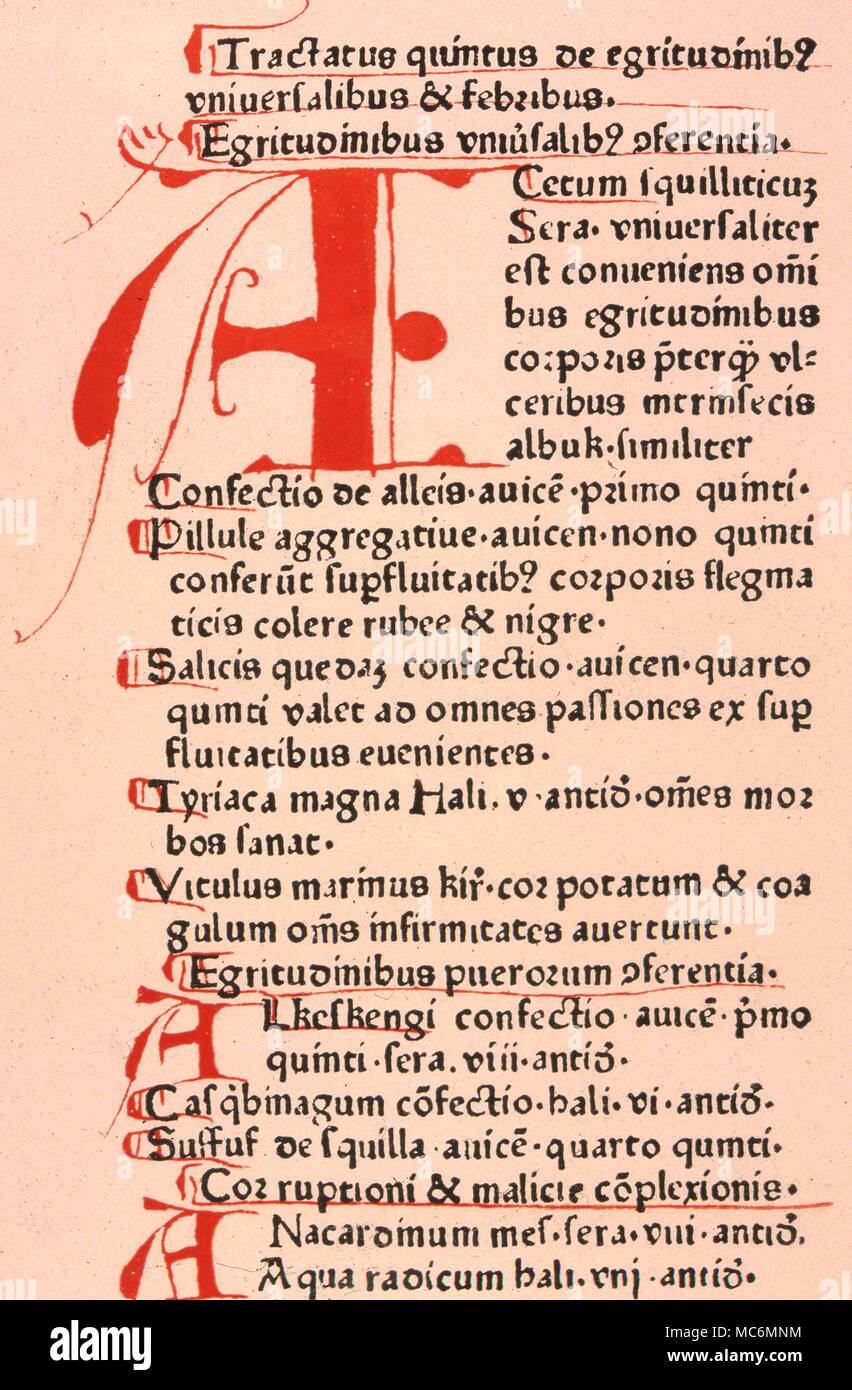Pflanzliche, Text auf Fieber, die erste Seite des 5 Abhandlung von Giacomo de Dondi 'Aggregator Paduanas de Medicinis Simplicibus', Straßburg, 1475 Stockfoto