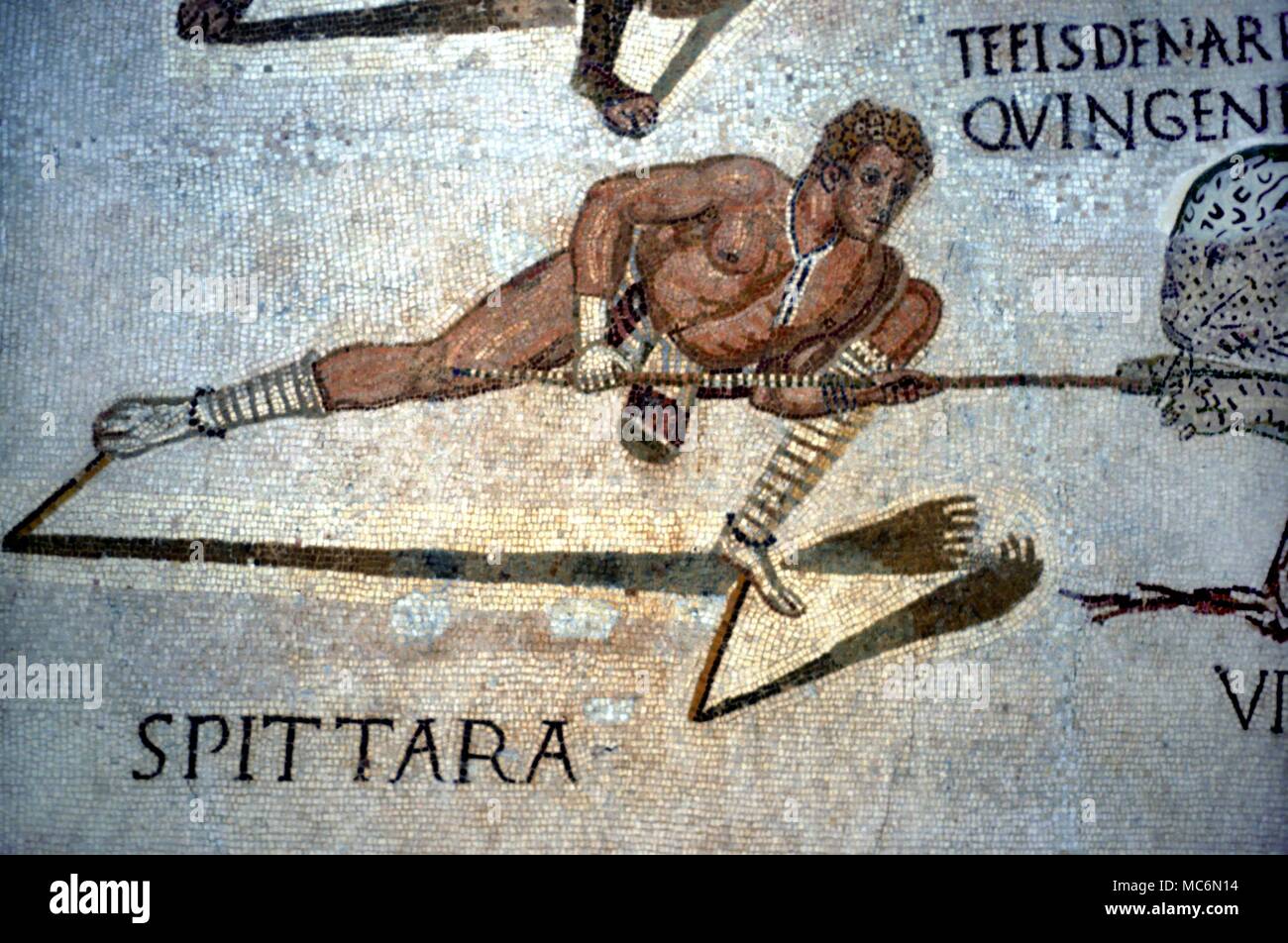 Mosaike - Tunesien. Detail der Mosaik der Gladiator, früher in El Djem, aber jetzt im Museum von Sousse, Tunesien. Stockfoto
